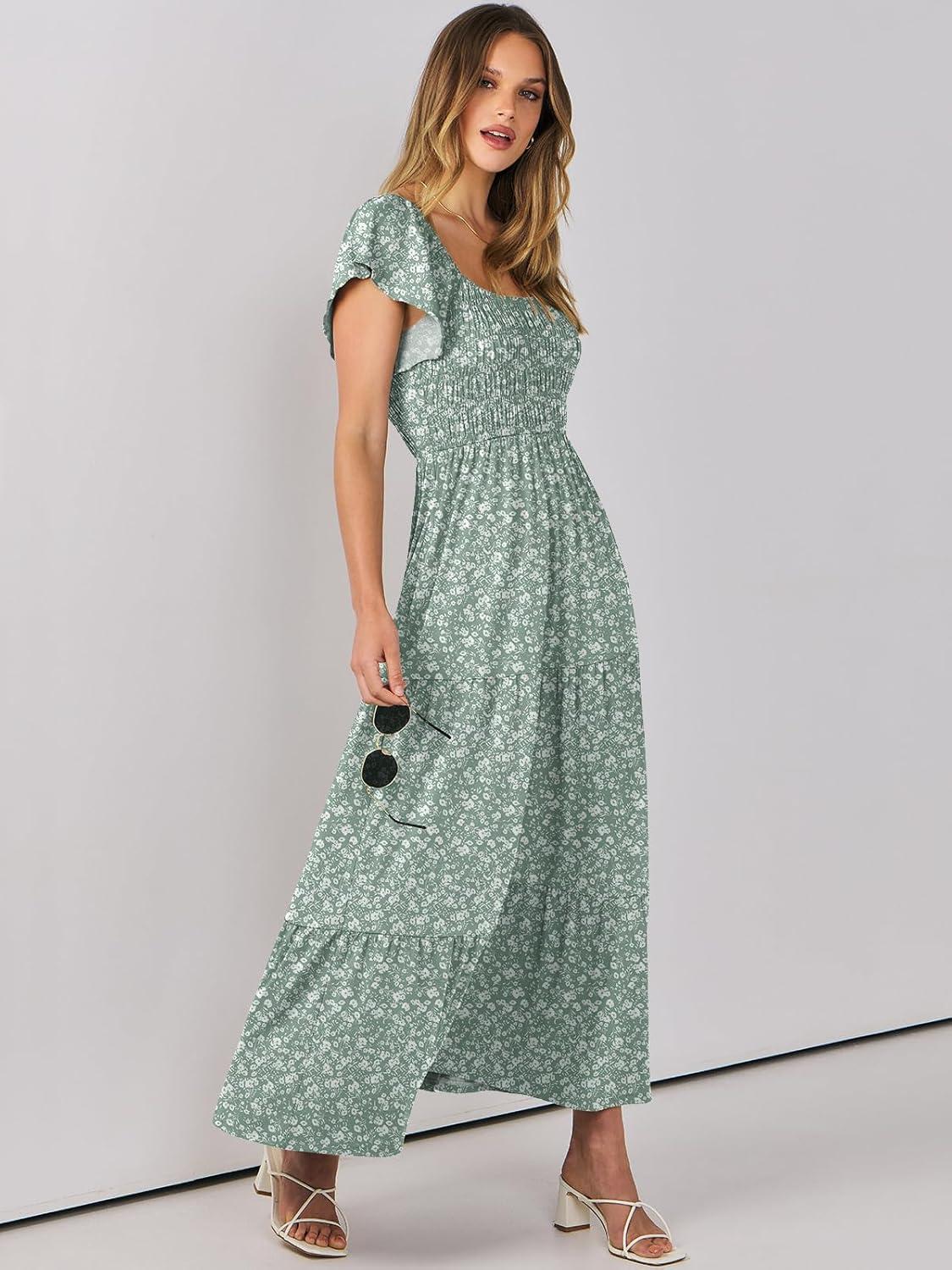 imageANRABESS Womens Casual Summer Maxi Dress Flutter Short Sleeve Scoop Neck Smocked A Line Flowy Beach Vacation Long DressesGreen Floral