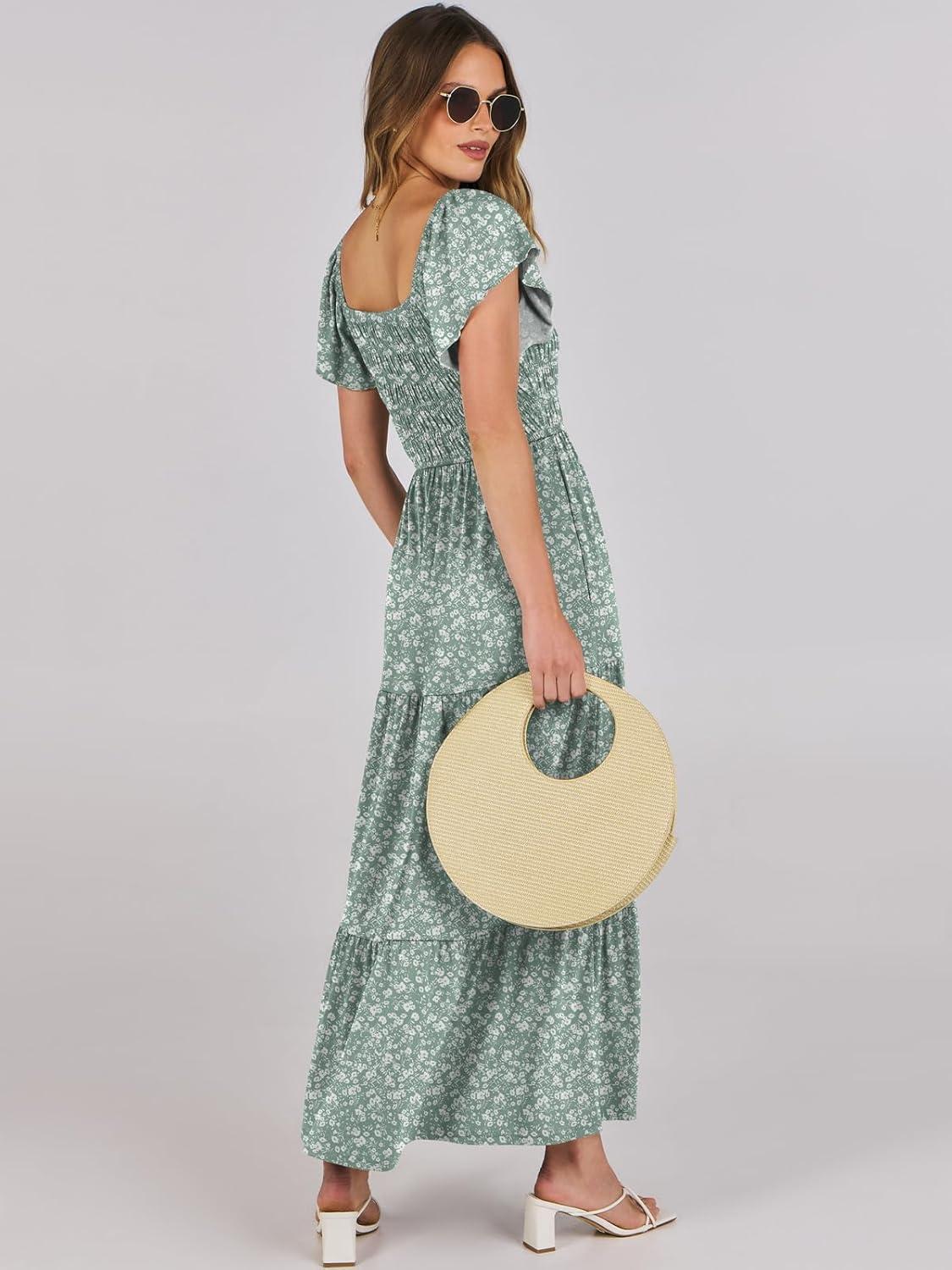 imageANRABESS Womens Casual Summer Maxi Dress Flutter Short Sleeve Scoop Neck Smocked A Line Flowy Beach Vacation Long DressesGreen Floral