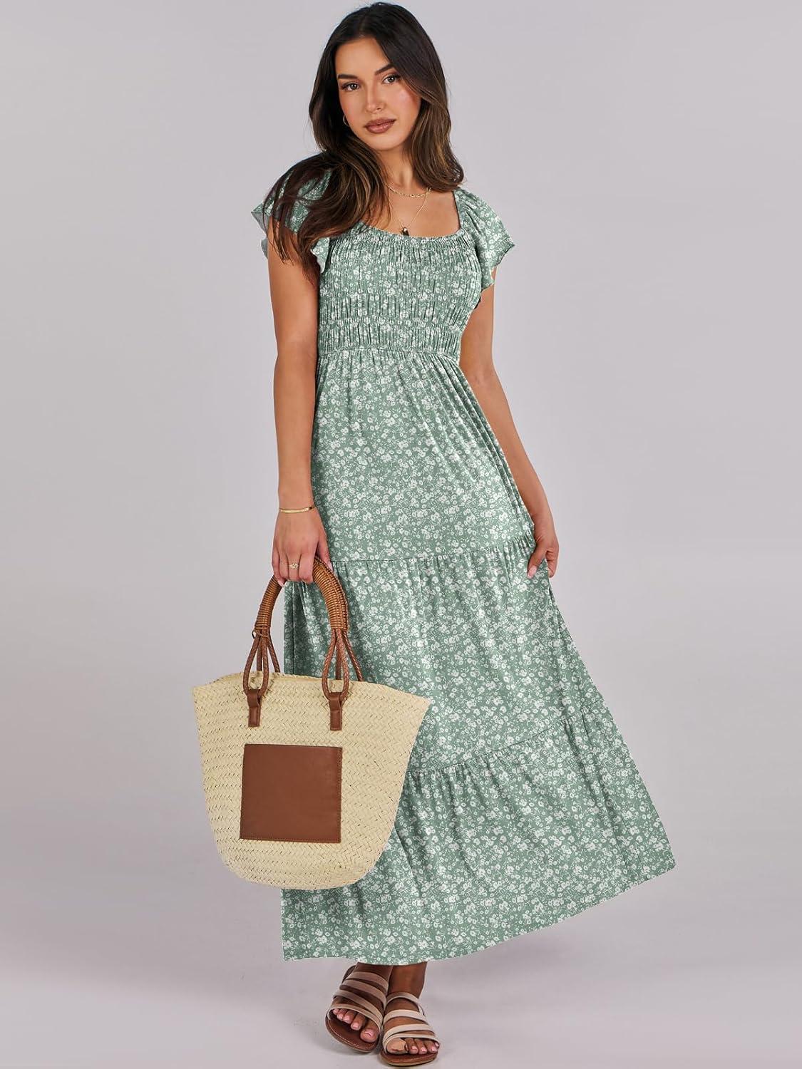 imageANRABESS Womens Casual Summer Maxi Dress Flutter Short Sleeve Scoop Neck Smocked A Line Flowy Beach Vacation Long DressesGreen Floral