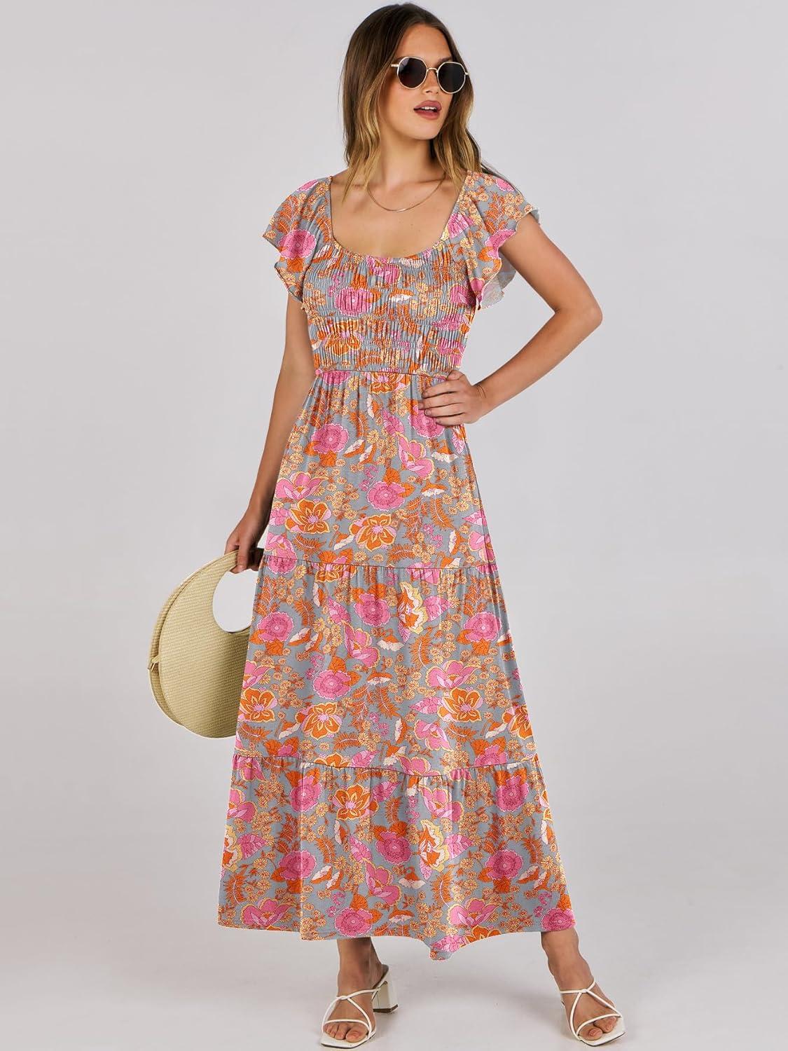 imageANRABESS Womens Casual Summer Maxi Dress Flutter Short Sleeve Scoop Neck Smocked A Line Flowy Beach Vacation Long DressesGreygreen Floral