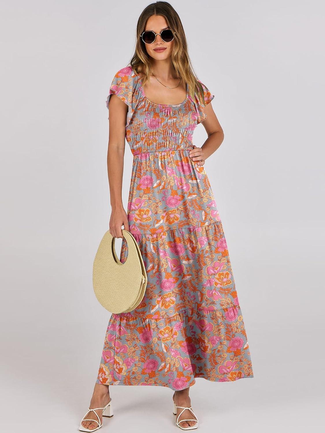 imageANRABESS Womens Casual Summer Maxi Dress Flutter Short Sleeve Scoop Neck Smocked A Line Flowy Beach Vacation Long DressesGreygreen Floral