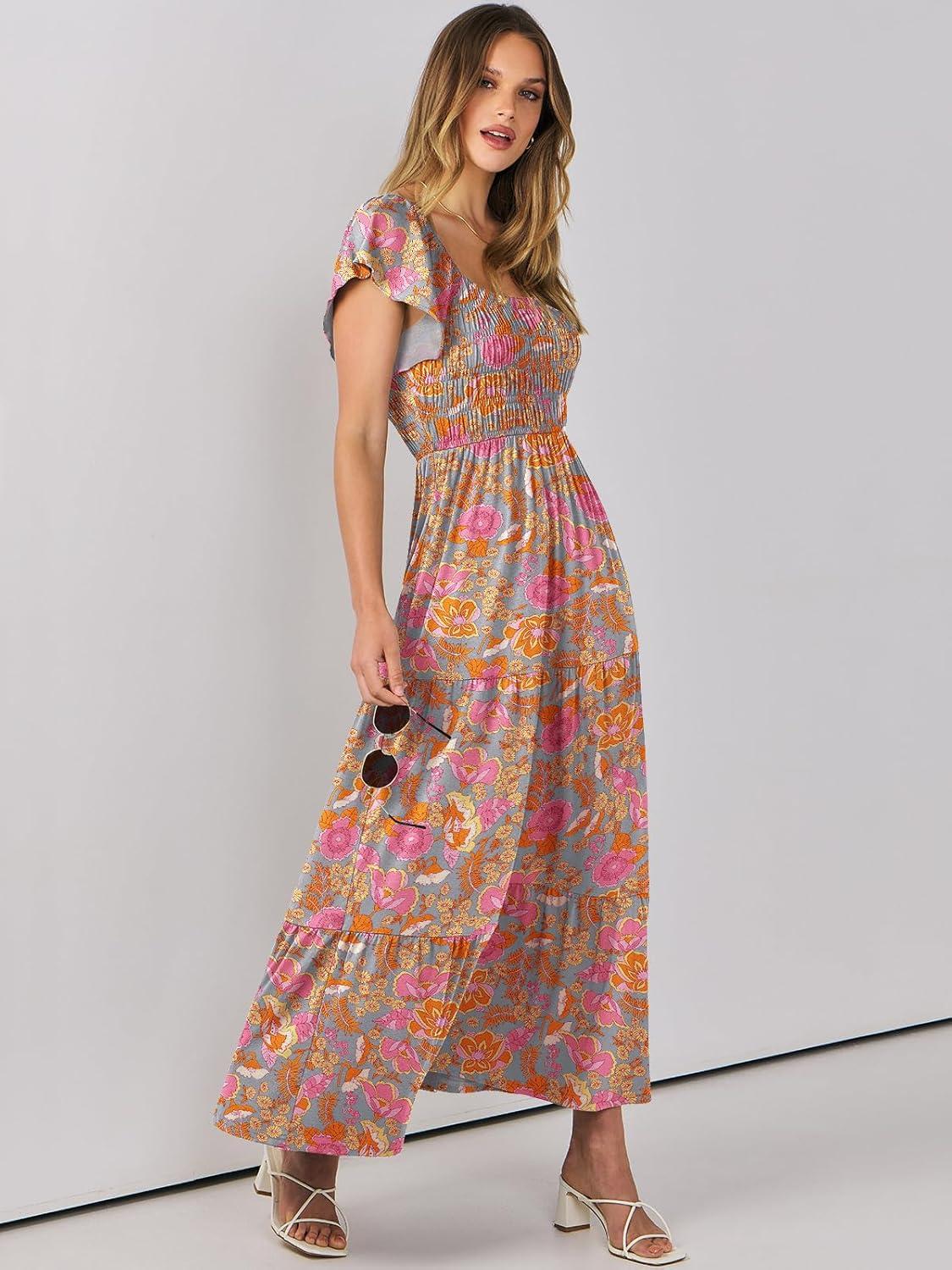 imageANRABESS Womens Casual Summer Maxi Dress Flutter Short Sleeve Scoop Neck Smocked A Line Flowy Beach Vacation Long DressesGreygreen Floral