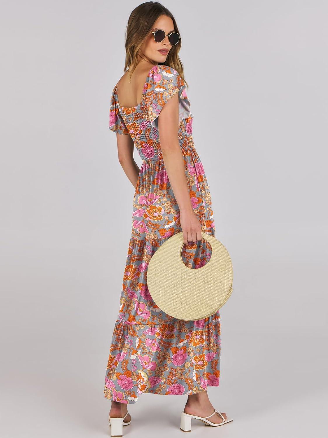 imageANRABESS Womens Casual Summer Maxi Dress Flutter Short Sleeve Scoop Neck Smocked A Line Flowy Beach Vacation Long DressesGreygreen Floral