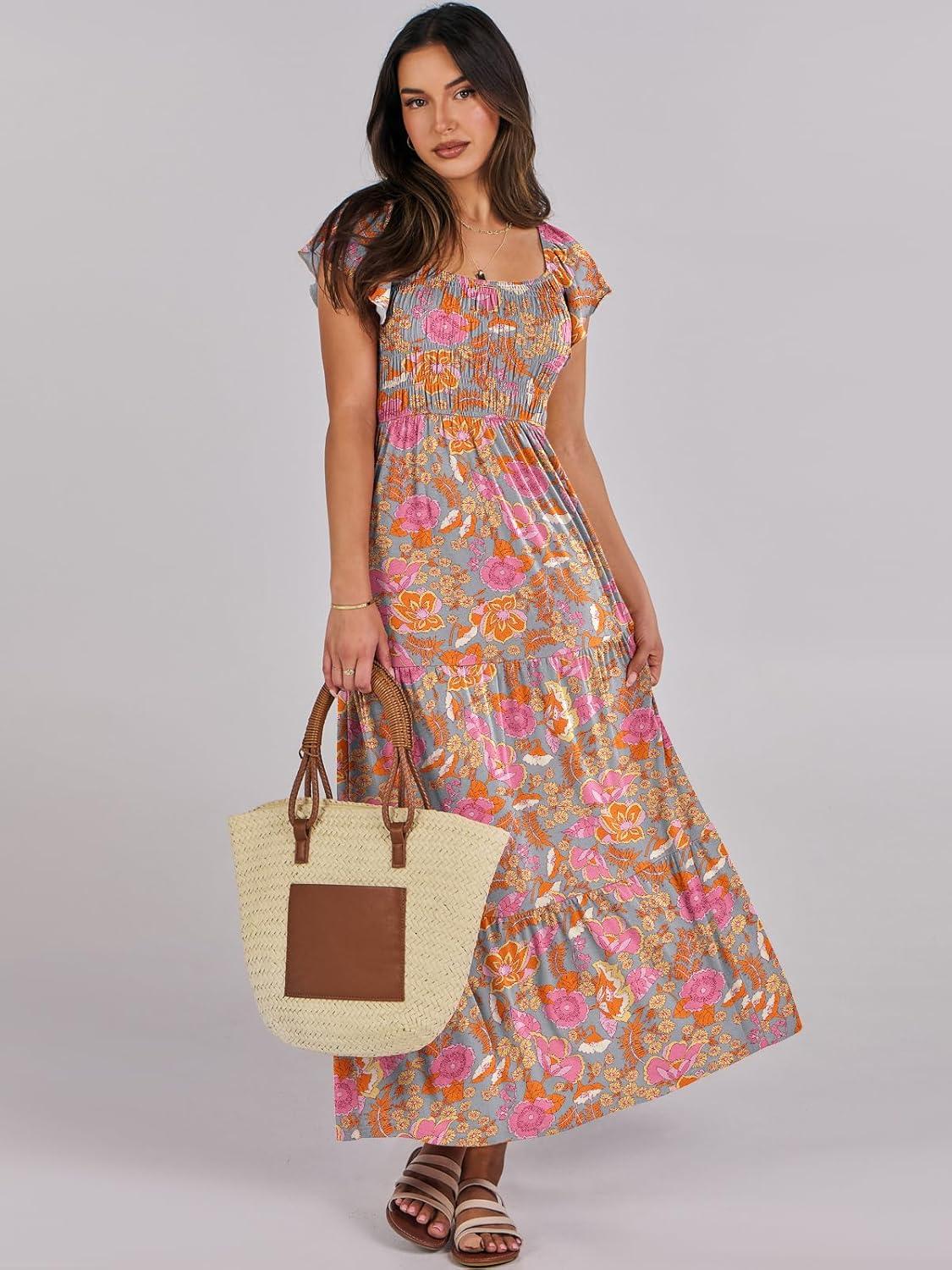 imageANRABESS Womens Casual Summer Maxi Dress Flutter Short Sleeve Scoop Neck Smocked A Line Flowy Beach Vacation Long DressesGreygreen Floral