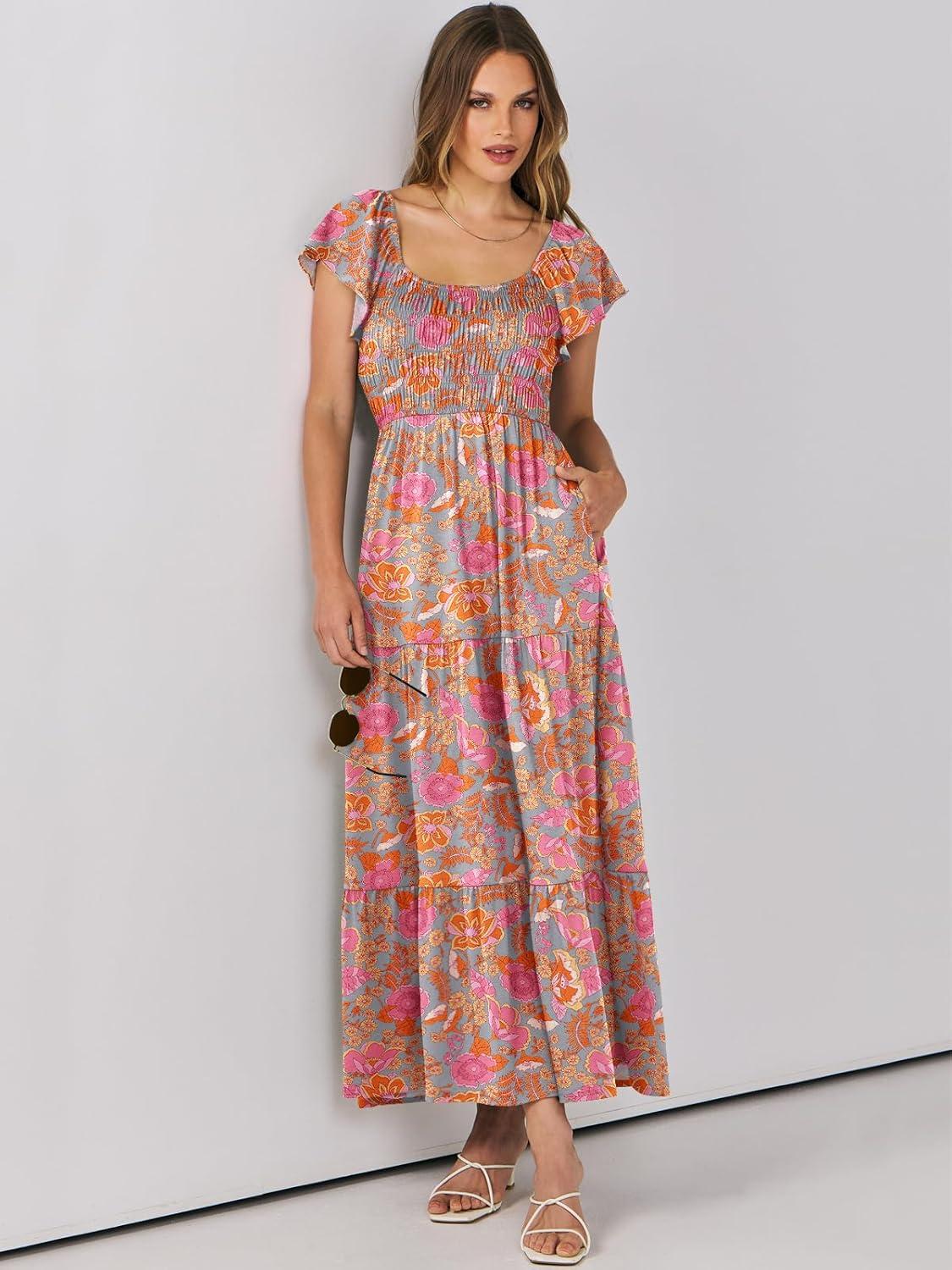 imageANRABESS Womens Casual Summer Maxi Dress Flutter Short Sleeve Scoop Neck Smocked A Line Flowy Beach Vacation Long DressesGreygreen Floral