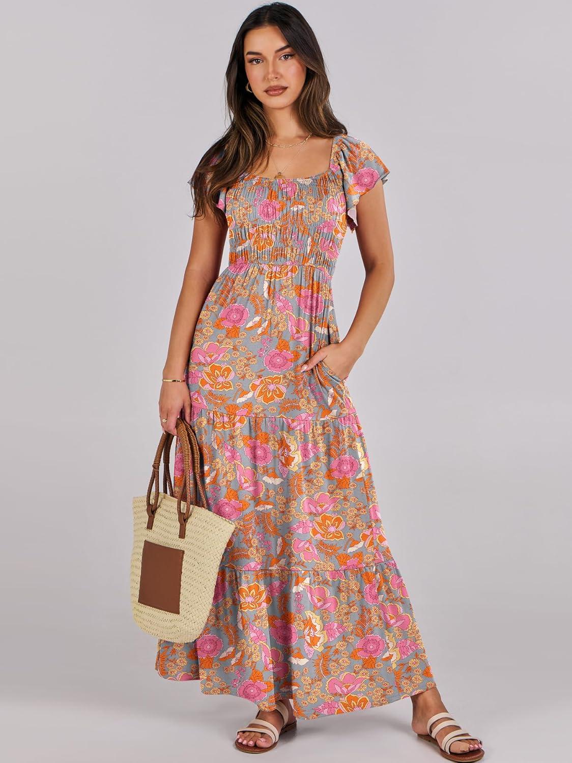 imageANRABESS Womens Casual Summer Maxi Dress Flutter Short Sleeve Scoop Neck Smocked A Line Flowy Beach Vacation Long DressesGreygreen Floral