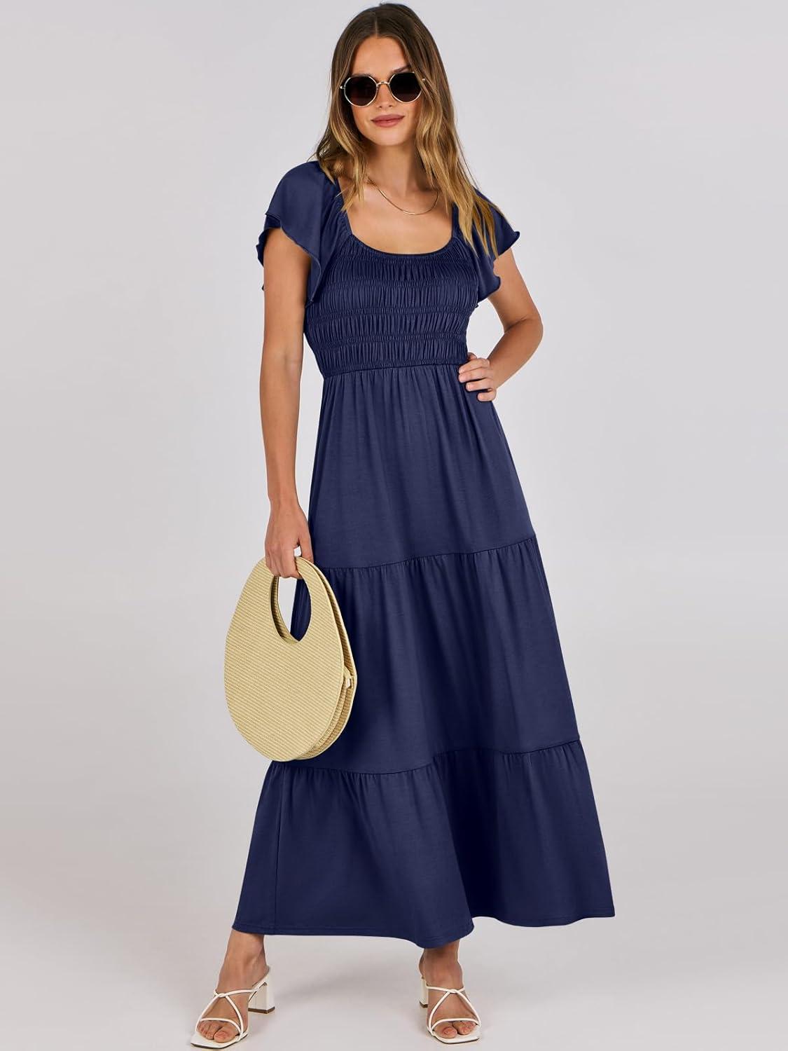 imageANRABESS Womens Casual Summer Maxi Dress Flutter Short Sleeve Scoop Neck Smocked A Line Flowy Beach Vacation Long DressesNavy Blue