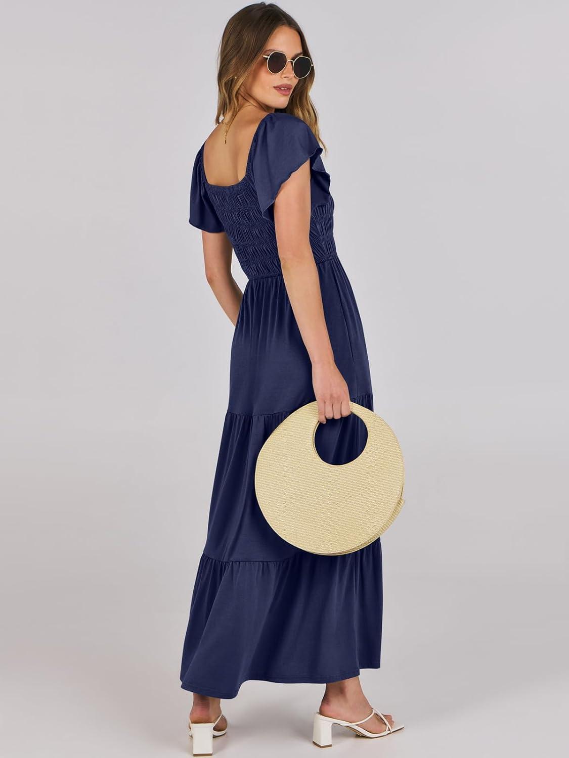 imageANRABESS Womens Casual Summer Maxi Dress Flutter Short Sleeve Scoop Neck Smocked A Line Flowy Beach Vacation Long DressesNavy Blue