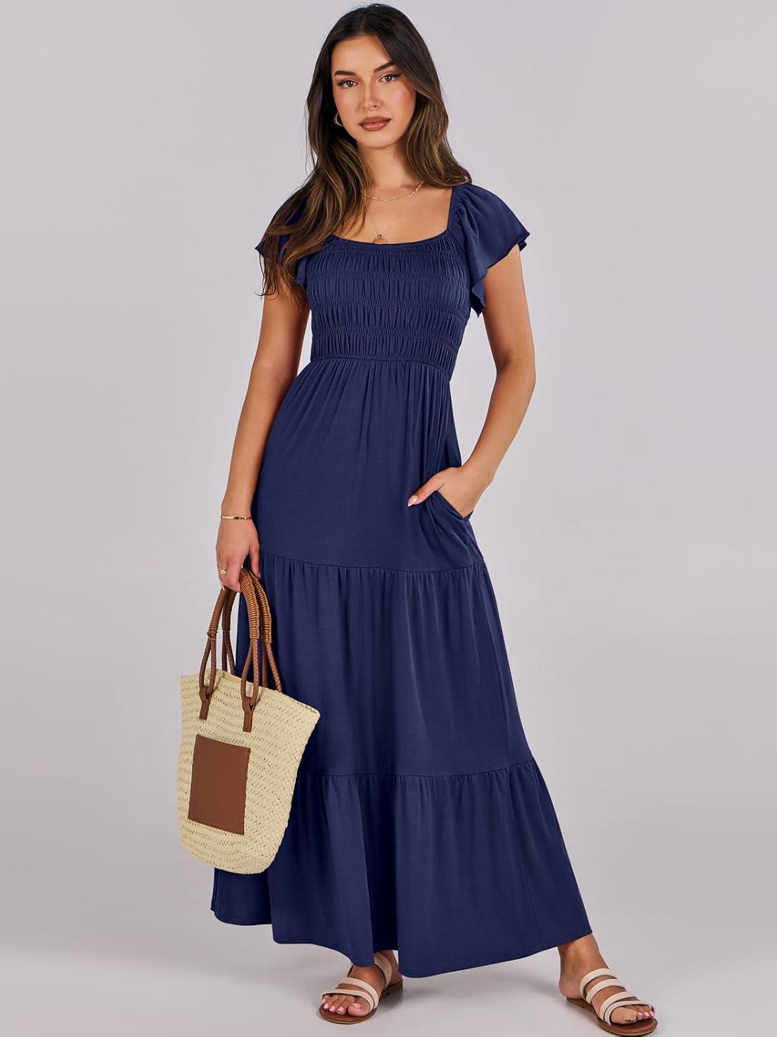 imageANRABESS Womens Casual Summer Maxi Dress Flutter Short Sleeve Scoop Neck Smocked A Line Flowy Beach Vacation Long DressesNavy Blue