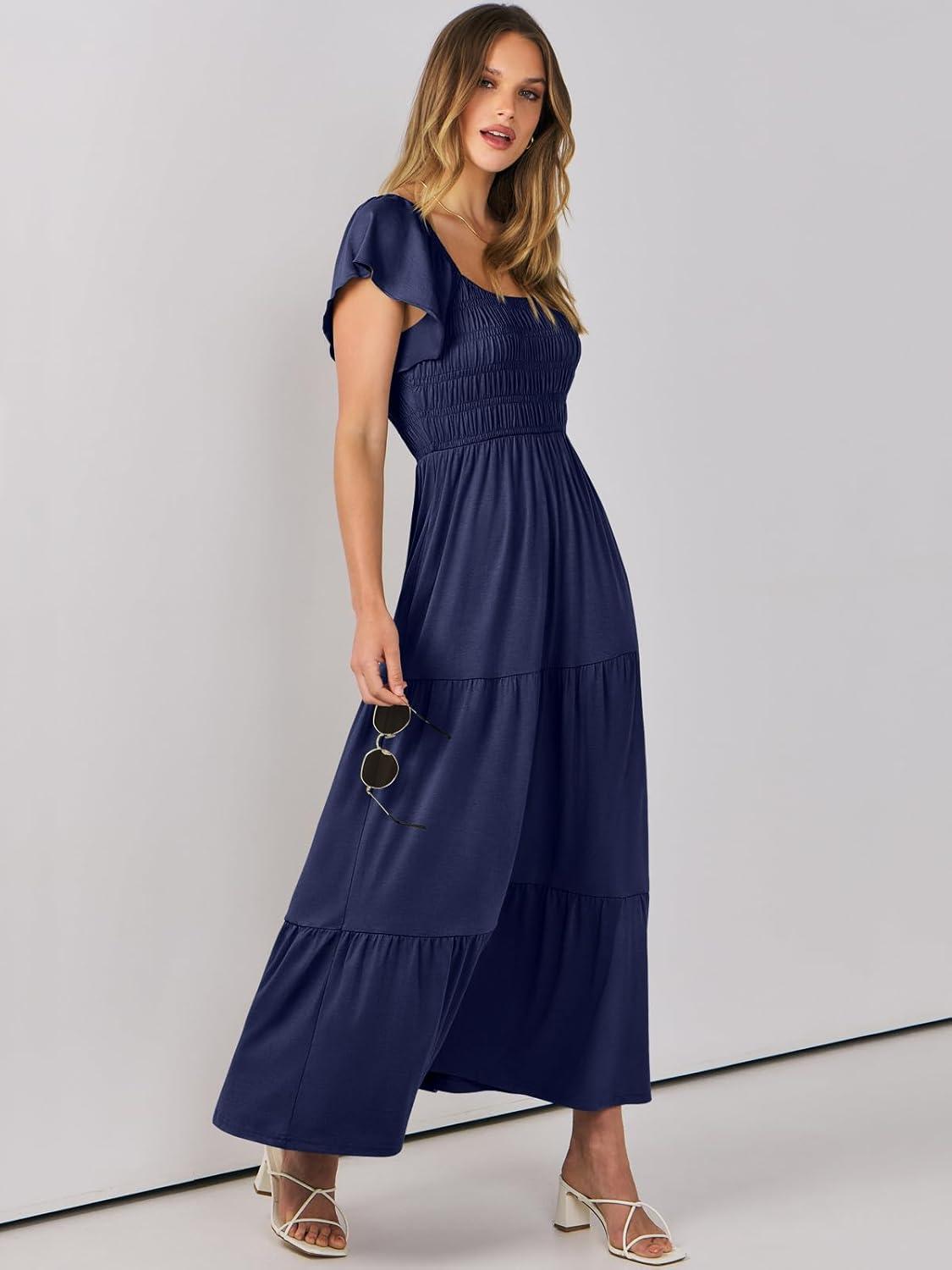 imageANRABESS Womens Casual Summer Maxi Dress Flutter Short Sleeve Scoop Neck Smocked A Line Flowy Beach Vacation Long DressesNavy Blue