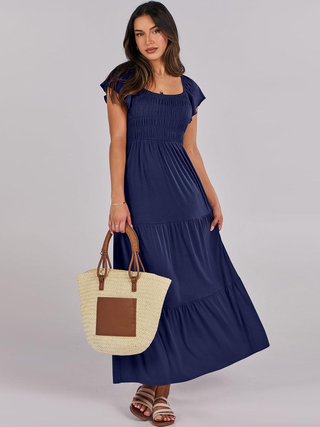 imageANRABESS Womens Casual Summer Maxi Dress Flutter Short Sleeve Scoop Neck Smocked A Line Flowy Beach Vacation Long DressesNavy Blue