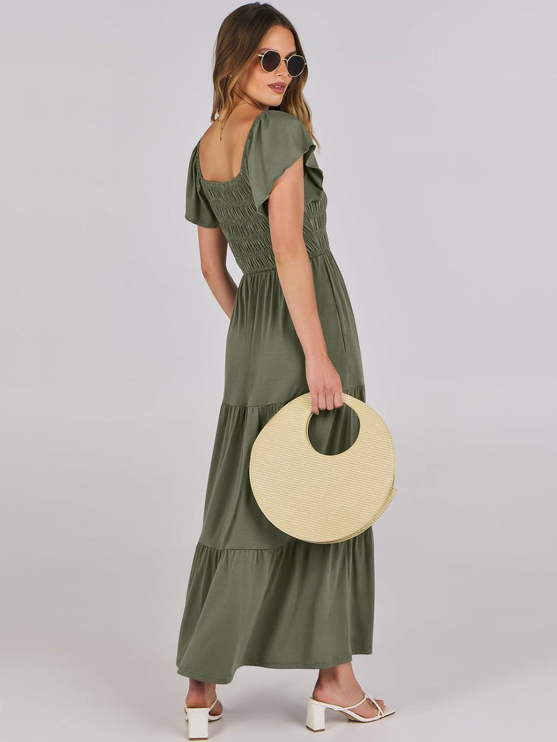 imageANRABESS Womens Casual Summer Maxi Dress Flutter Short Sleeve Scoop Neck Smocked A Line Flowy Beach Vacation Long DressesOlive