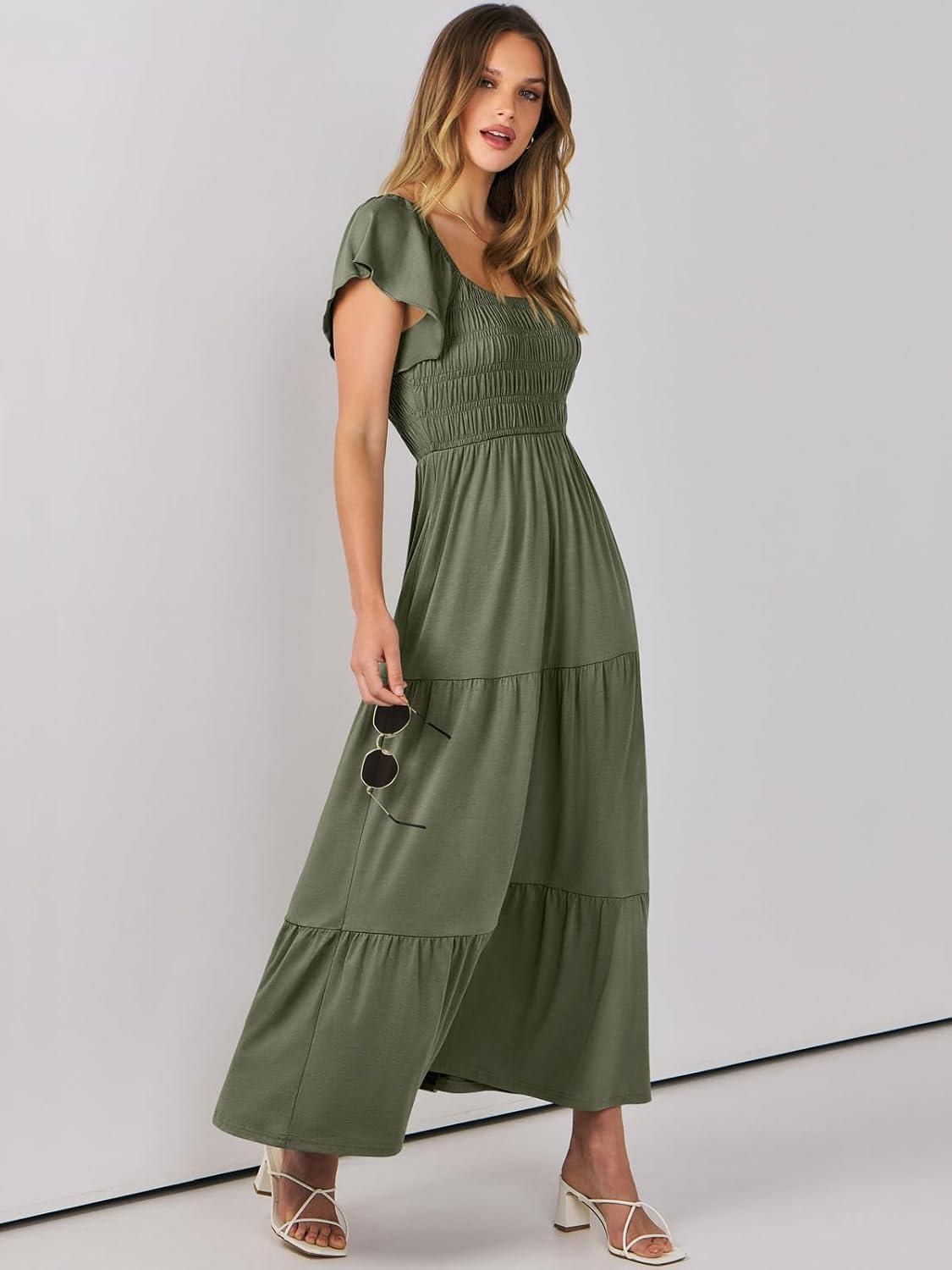 imageANRABESS Womens Casual Summer Maxi Dress Flutter Short Sleeve Scoop Neck Smocked A Line Flowy Beach Vacation Long DressesOlive