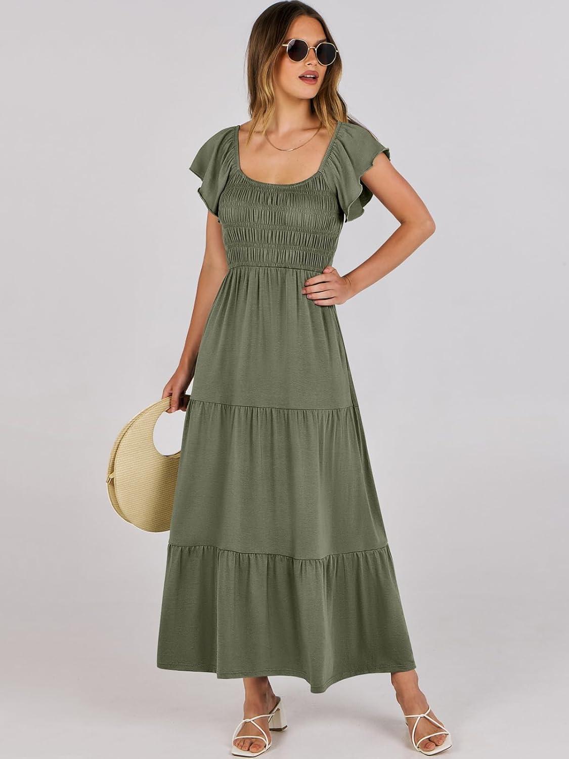 imageANRABESS Womens Casual Summer Maxi Dress Flutter Short Sleeve Scoop Neck Smocked A Line Flowy Beach Vacation Long DressesOlive