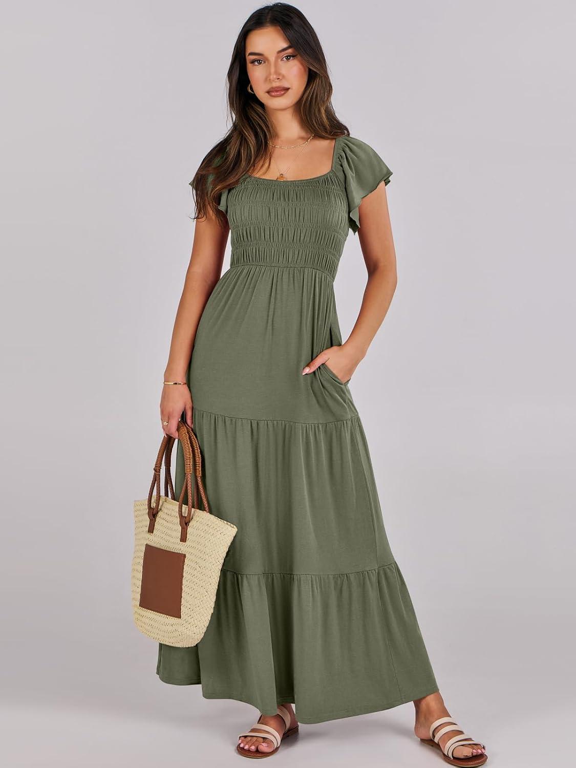 imageANRABESS Womens Casual Summer Maxi Dress Flutter Short Sleeve Scoop Neck Smocked A Line Flowy Beach Vacation Long DressesOlive