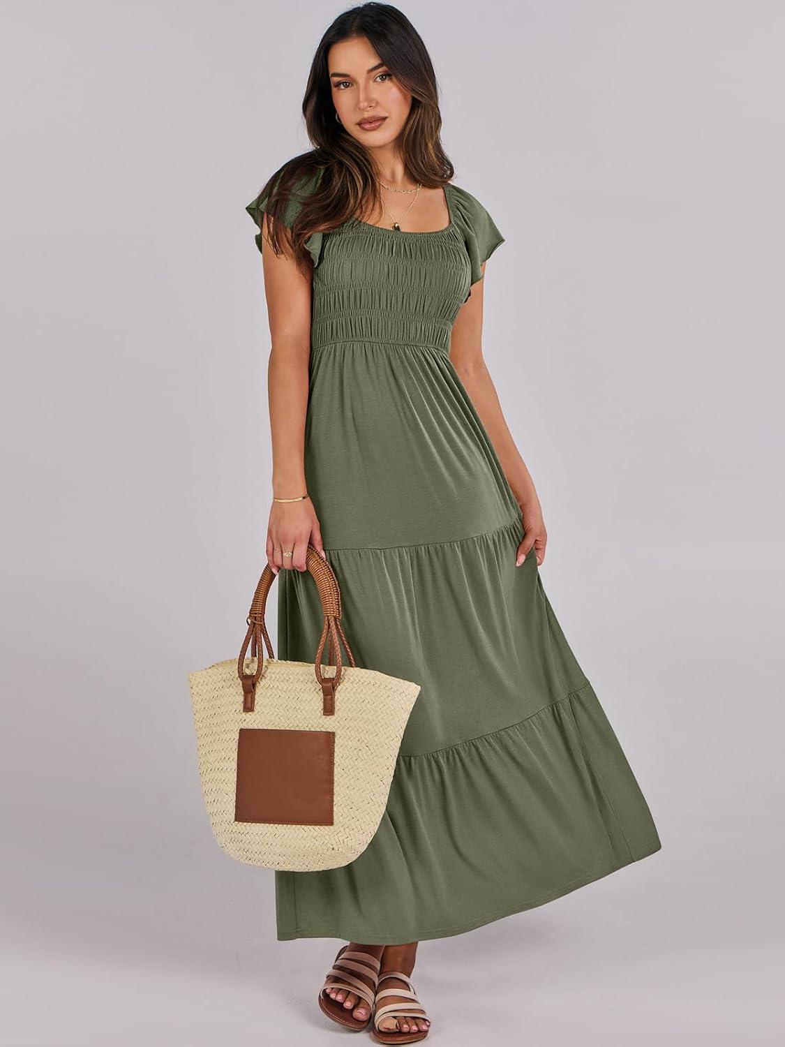 imageANRABESS Womens Casual Summer Maxi Dress Flutter Short Sleeve Scoop Neck Smocked A Line Flowy Beach Vacation Long DressesOlive