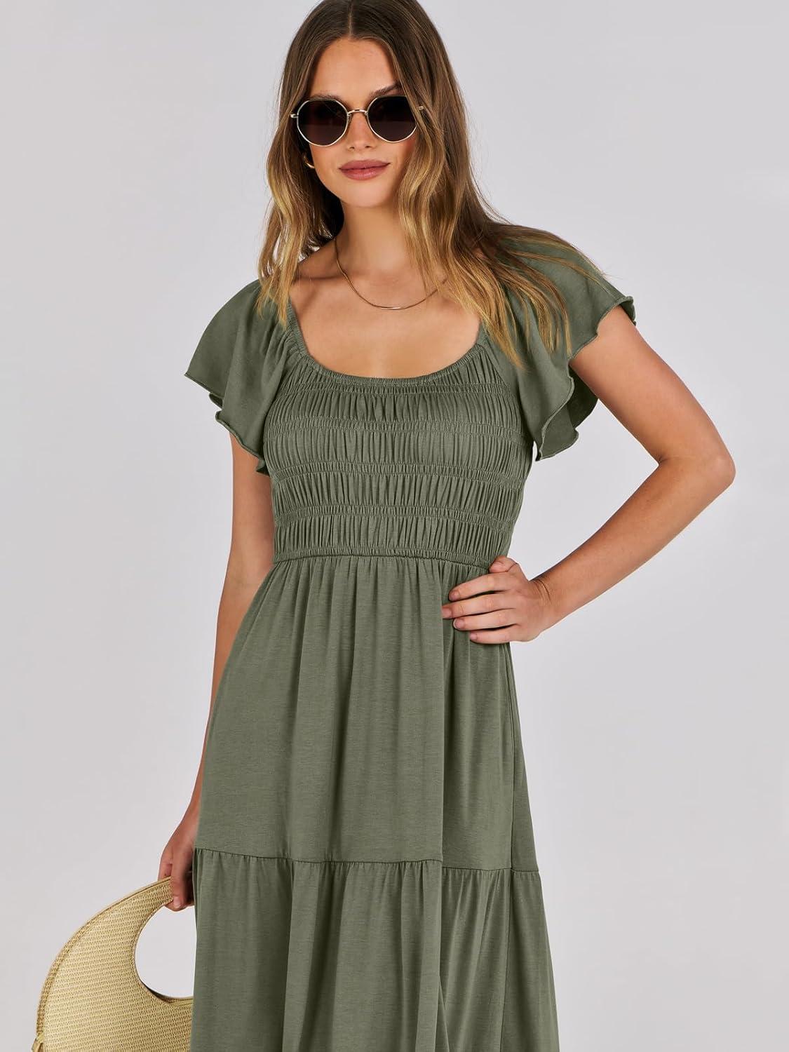 imageANRABESS Womens Casual Summer Maxi Dress Flutter Short Sleeve Scoop Neck Smocked A Line Flowy Beach Vacation Long DressesOlive