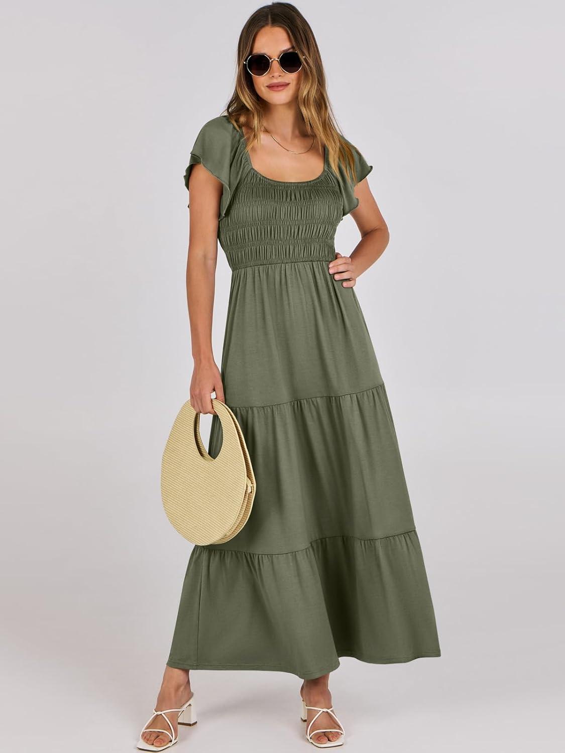 imageANRABESS Womens Casual Summer Maxi Dress Flutter Short Sleeve Scoop Neck Smocked A Line Flowy Beach Vacation Long DressesOlive