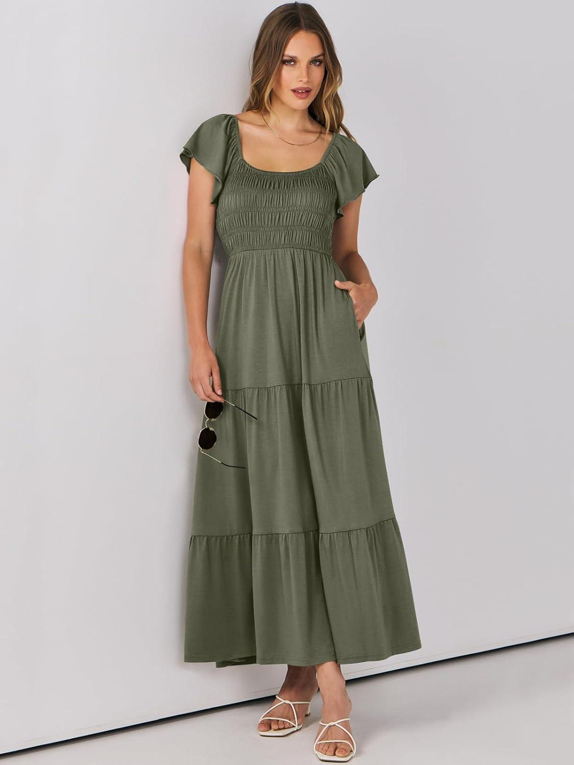 imageANRABESS Womens Casual Summer Maxi Dress Flutter Short Sleeve Scoop Neck Smocked A Line Flowy Beach Vacation Long DressesOlive