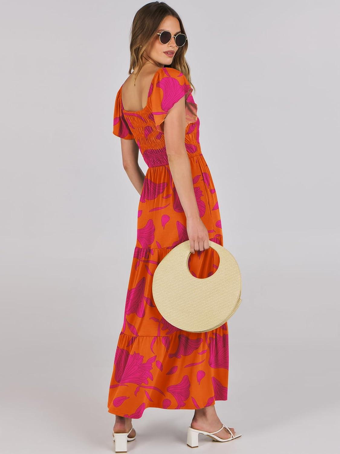 imageANRABESS Womens Casual Summer Maxi Dress Flutter Short Sleeve Scoop Neck Smocked A Line Flowy Beach Vacation Long DressesOrange Red Floral