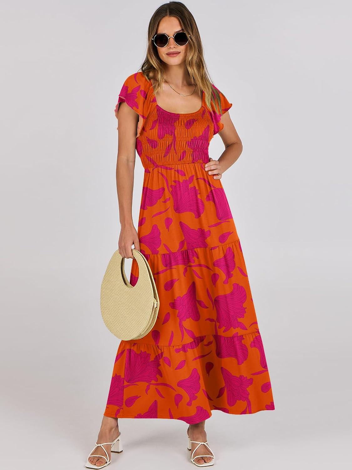 imageANRABESS Womens Casual Summer Maxi Dress Flutter Short Sleeve Scoop Neck Smocked A Line Flowy Beach Vacation Long DressesOrange Red Floral