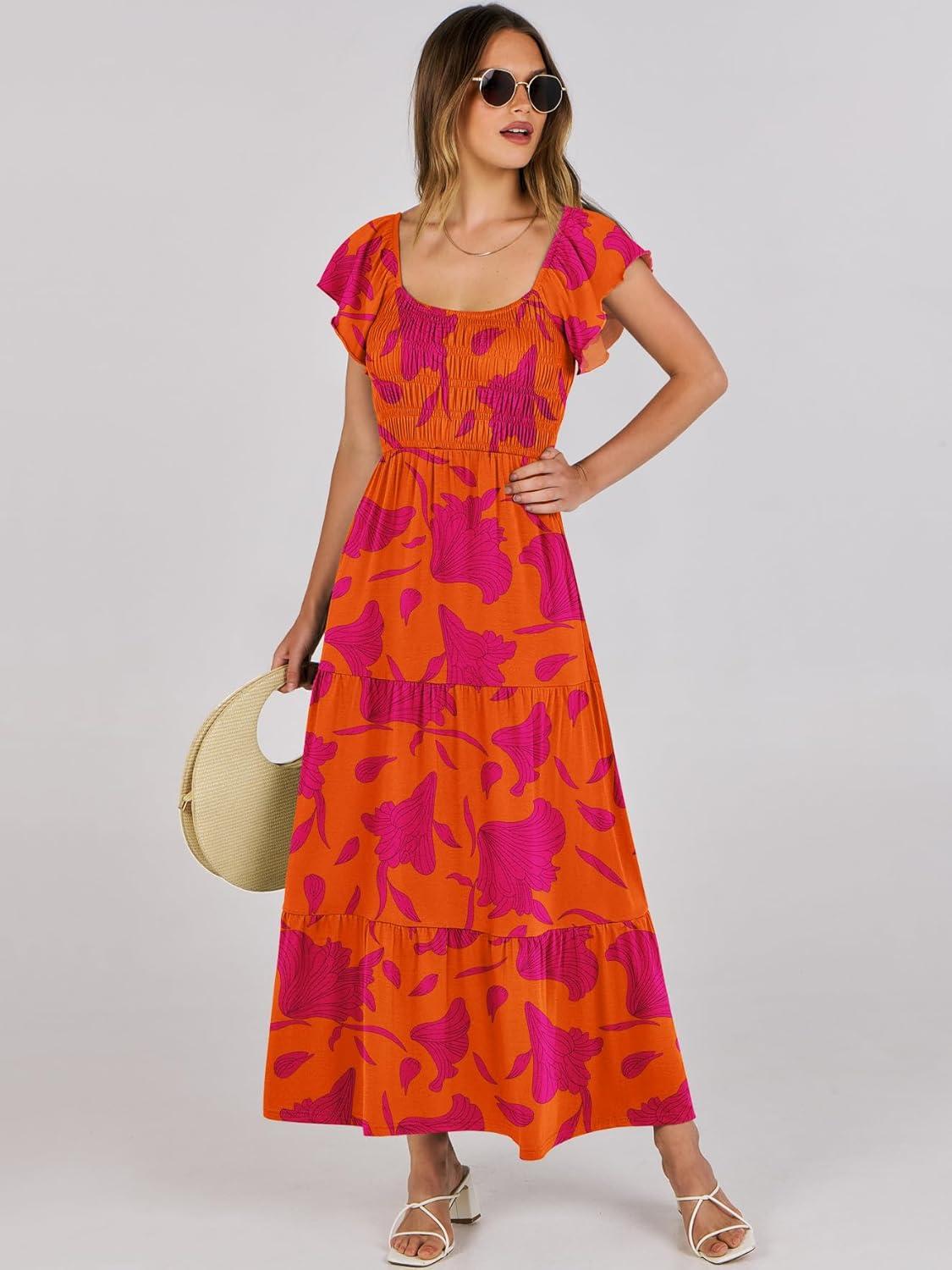 imageANRABESS Womens Casual Summer Maxi Dress Flutter Short Sleeve Scoop Neck Smocked A Line Flowy Beach Vacation Long DressesOrange Red Floral