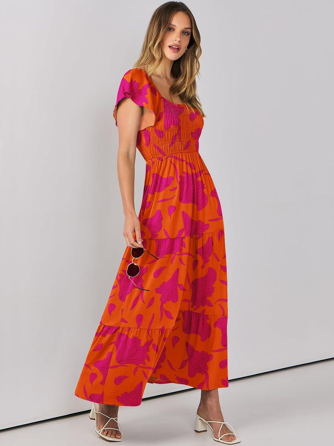 imageANRABESS Womens Casual Summer Maxi Dress Flutter Short Sleeve Scoop Neck Smocked A Line Flowy Beach Vacation Long DressesOrange Red Floral