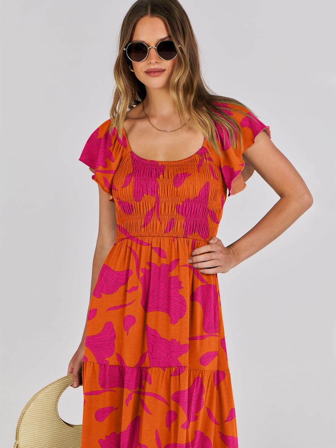 imageANRABESS Womens Casual Summer Maxi Dress Flutter Short Sleeve Scoop Neck Smocked A Line Flowy Beach Vacation Long DressesOrange Red Floral