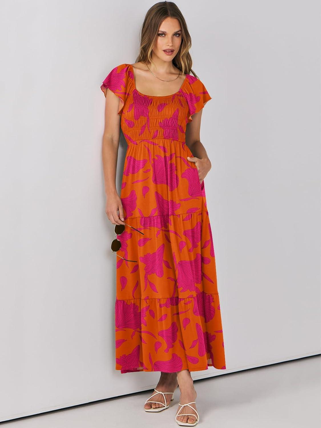 imageANRABESS Womens Casual Summer Maxi Dress Flutter Short Sleeve Scoop Neck Smocked A Line Flowy Beach Vacation Long DressesOrange Red Floral