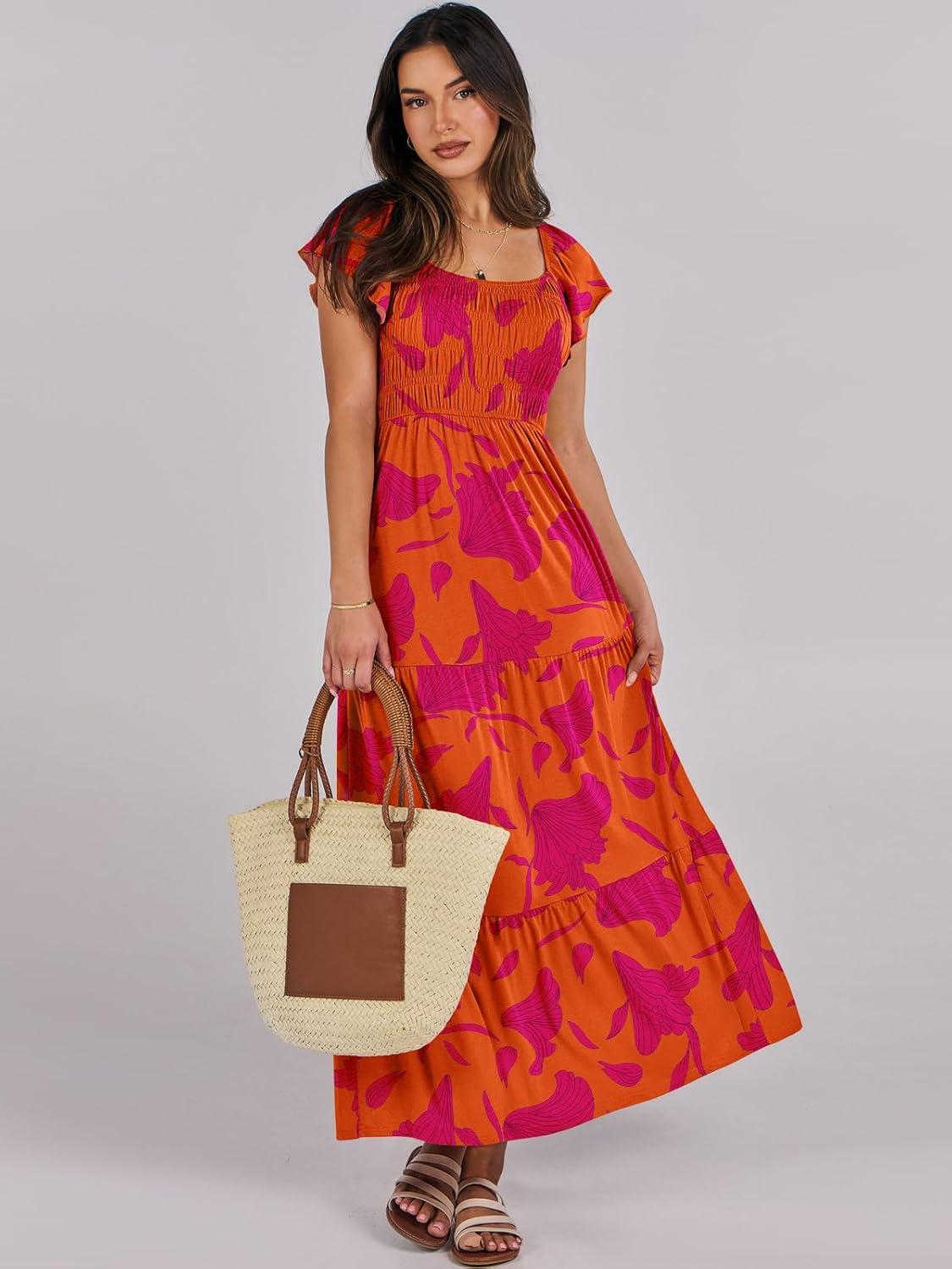 imageANRABESS Womens Casual Summer Maxi Dress Flutter Short Sleeve Scoop Neck Smocked A Line Flowy Beach Vacation Long DressesOrange Red Floral