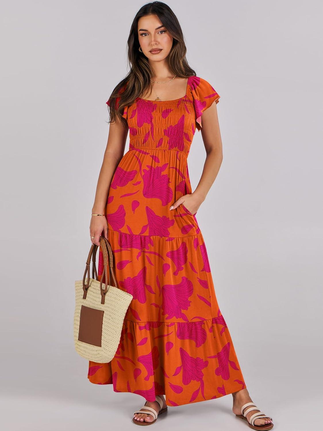 imageANRABESS Womens Casual Summer Maxi Dress Flutter Short Sleeve Scoop Neck Smocked A Line Flowy Beach Vacation Long DressesOrange Red Floral