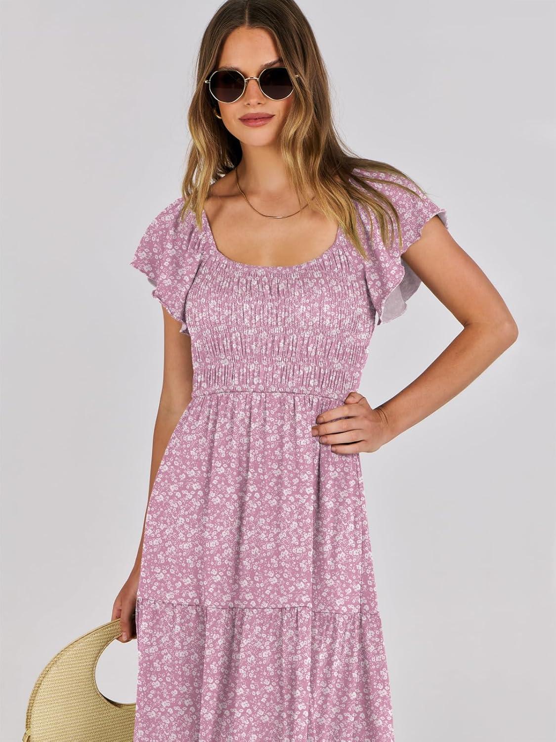 imageANRABESS Womens Casual Summer Maxi Dress Flutter Short Sleeve Scoop Neck Smocked A Line Flowy Beach Vacation Long DressesPink Floral