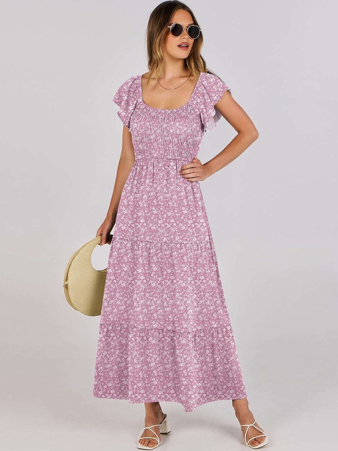 imageANRABESS Womens Casual Summer Maxi Dress Flutter Short Sleeve Scoop Neck Smocked A Line Flowy Beach Vacation Long DressesPink Floral