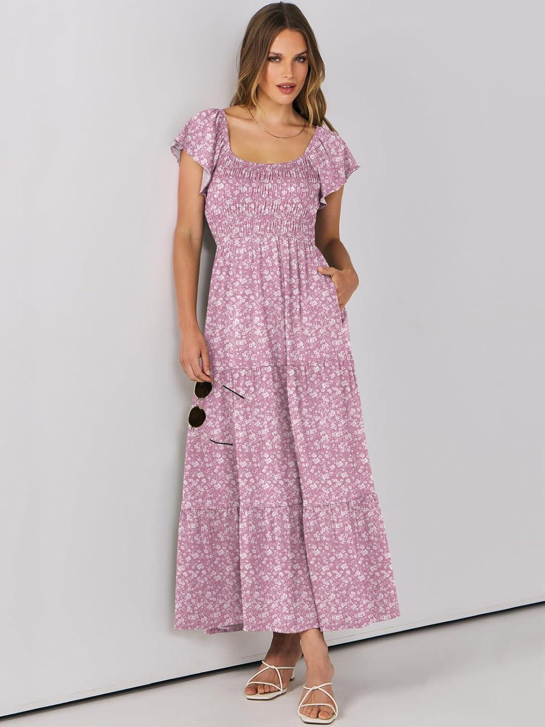 imageANRABESS Womens Casual Summer Maxi Dress Flutter Short Sleeve Scoop Neck Smocked A Line Flowy Beach Vacation Long DressesPink Floral