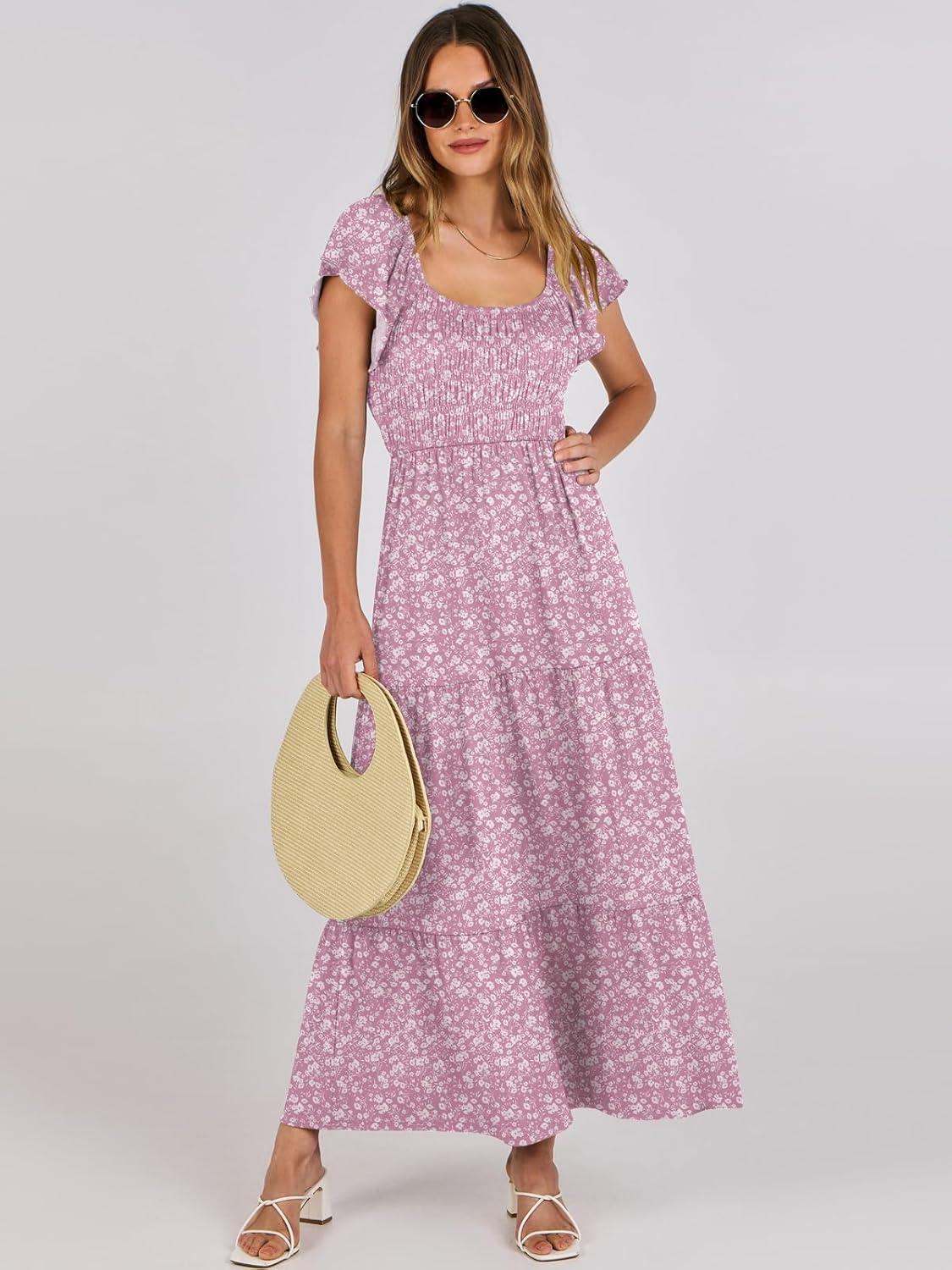 imageANRABESS Womens Casual Summer Maxi Dress Flutter Short Sleeve Scoop Neck Smocked A Line Flowy Beach Vacation Long DressesPink Floral