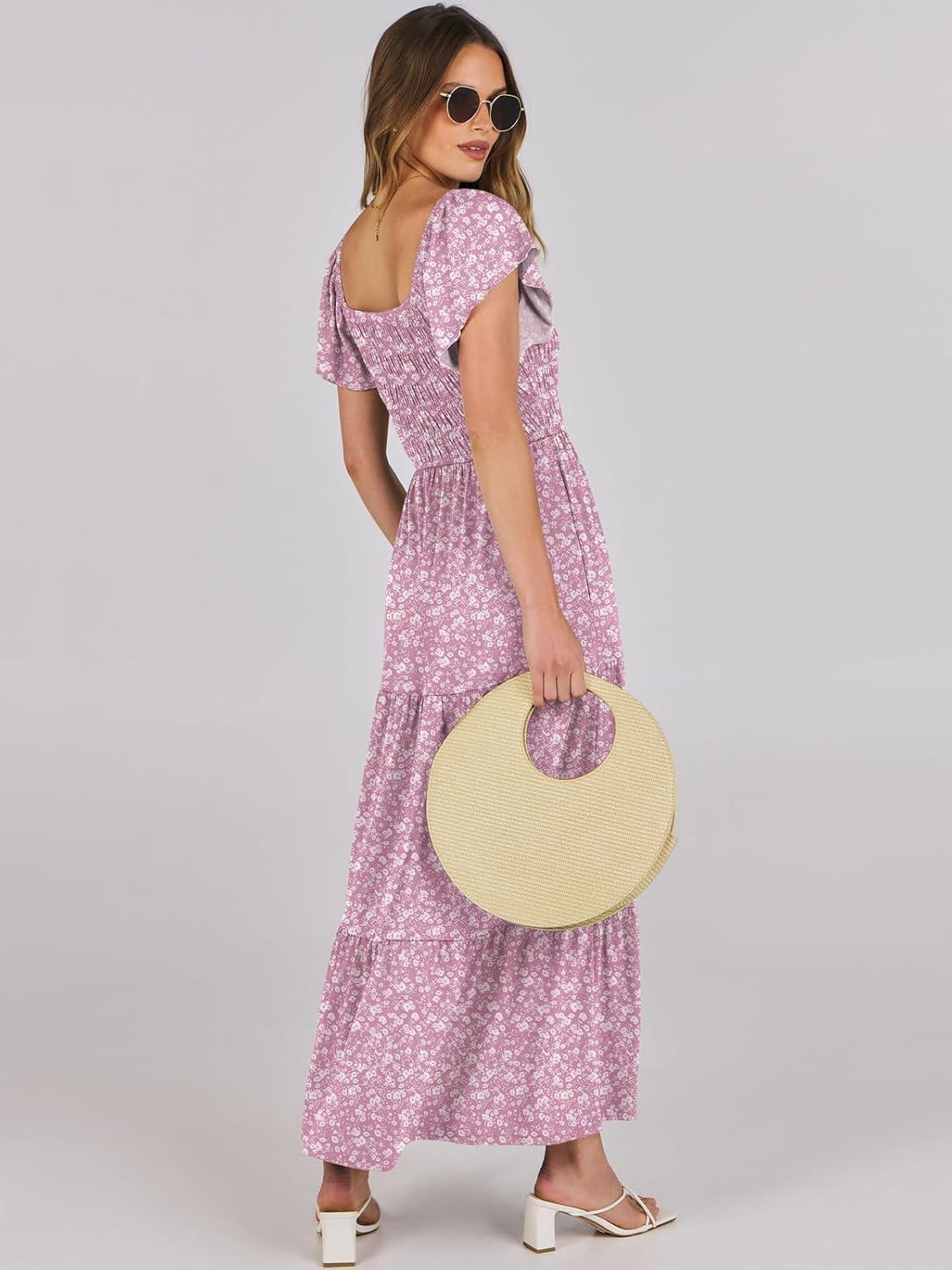 imageANRABESS Womens Casual Summer Maxi Dress Flutter Short Sleeve Scoop Neck Smocked A Line Flowy Beach Vacation Long DressesPink Floral