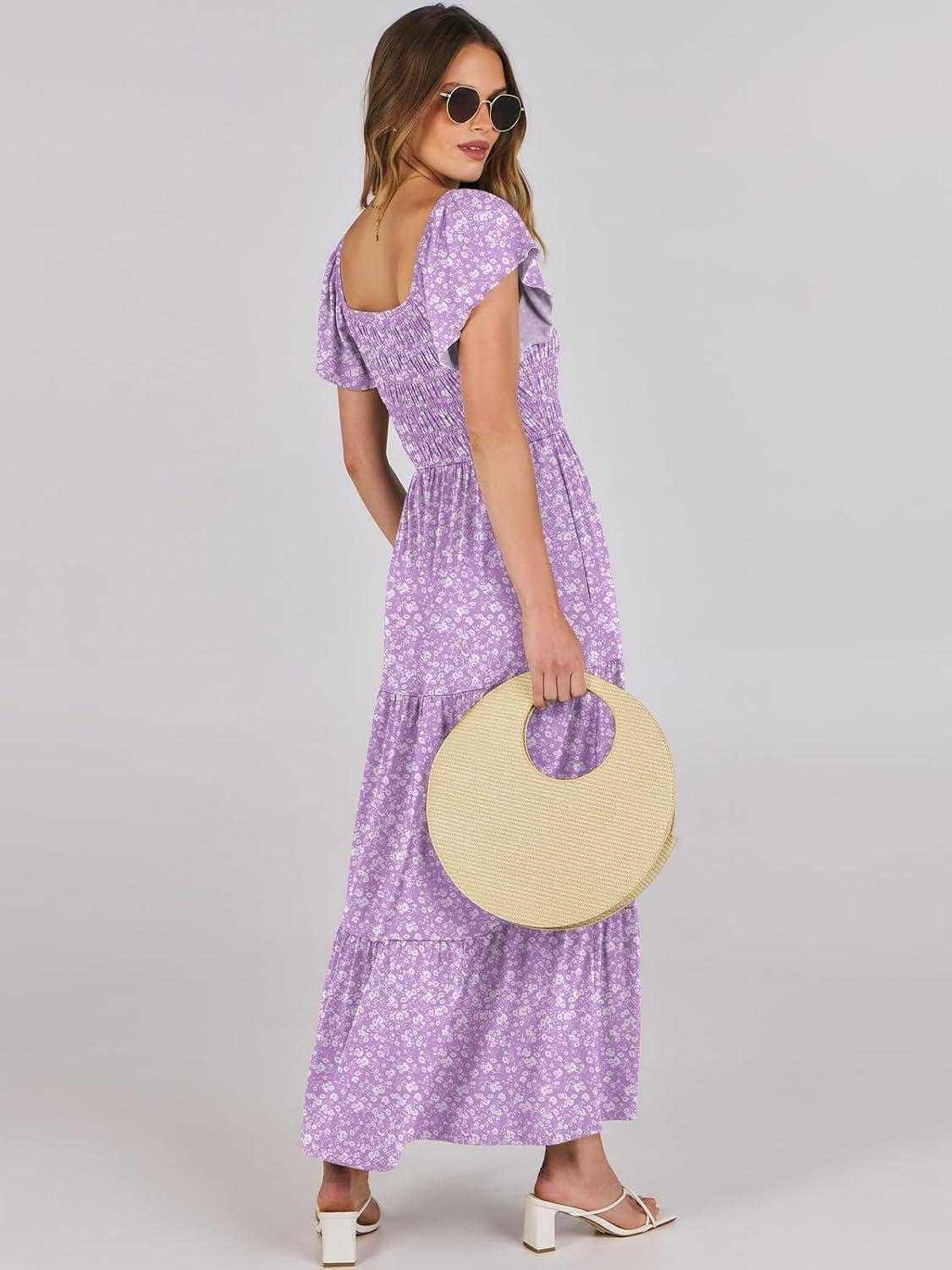 imageANRABESS Womens Casual Summer Maxi Dress Flutter Short Sleeve Scoop Neck Smocked A Line Flowy Beach Vacation Long DressesPurple Floral