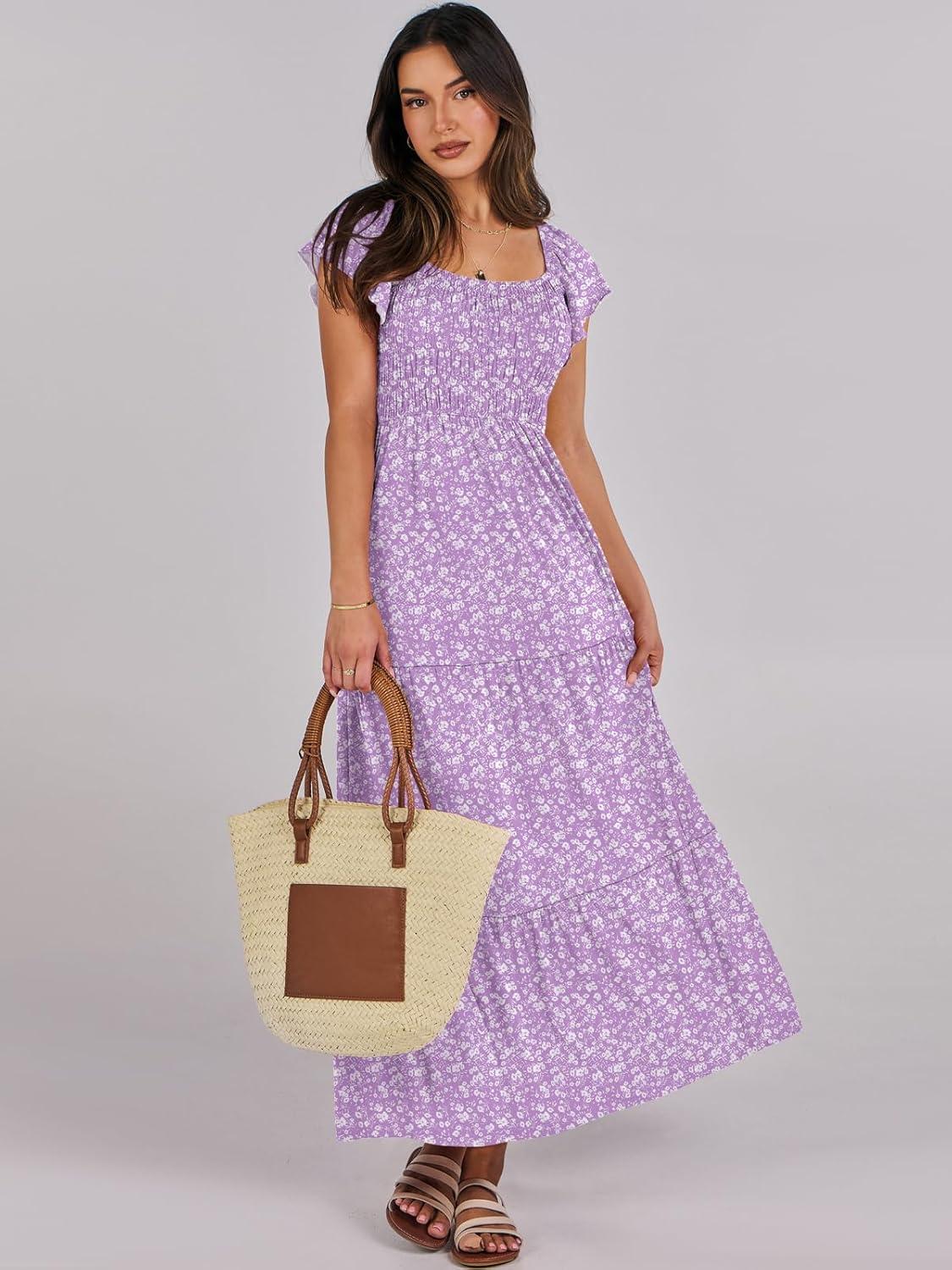 imageANRABESS Womens Casual Summer Maxi Dress Flutter Short Sleeve Scoop Neck Smocked A Line Flowy Beach Vacation Long DressesPurple Floral