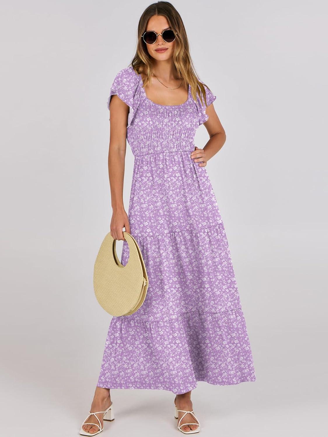 imageANRABESS Womens Casual Summer Maxi Dress Flutter Short Sleeve Scoop Neck Smocked A Line Flowy Beach Vacation Long DressesPurple Floral