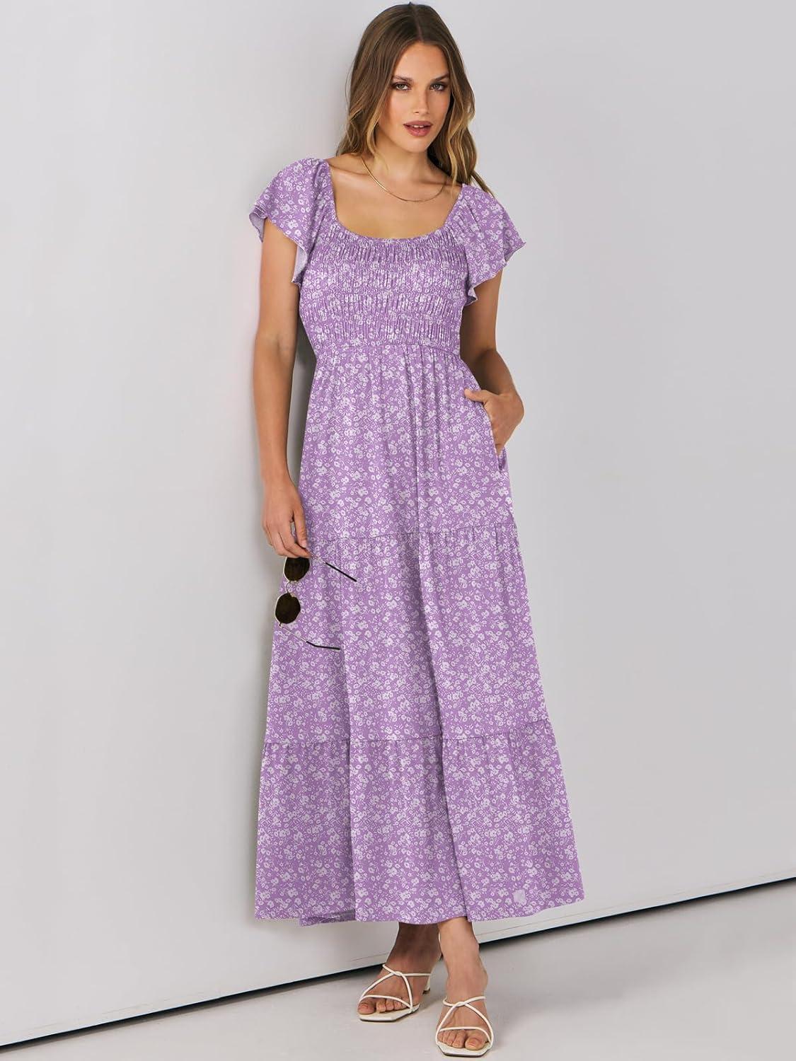 imageANRABESS Womens Casual Summer Maxi Dress Flutter Short Sleeve Scoop Neck Smocked A Line Flowy Beach Vacation Long DressesPurple Floral