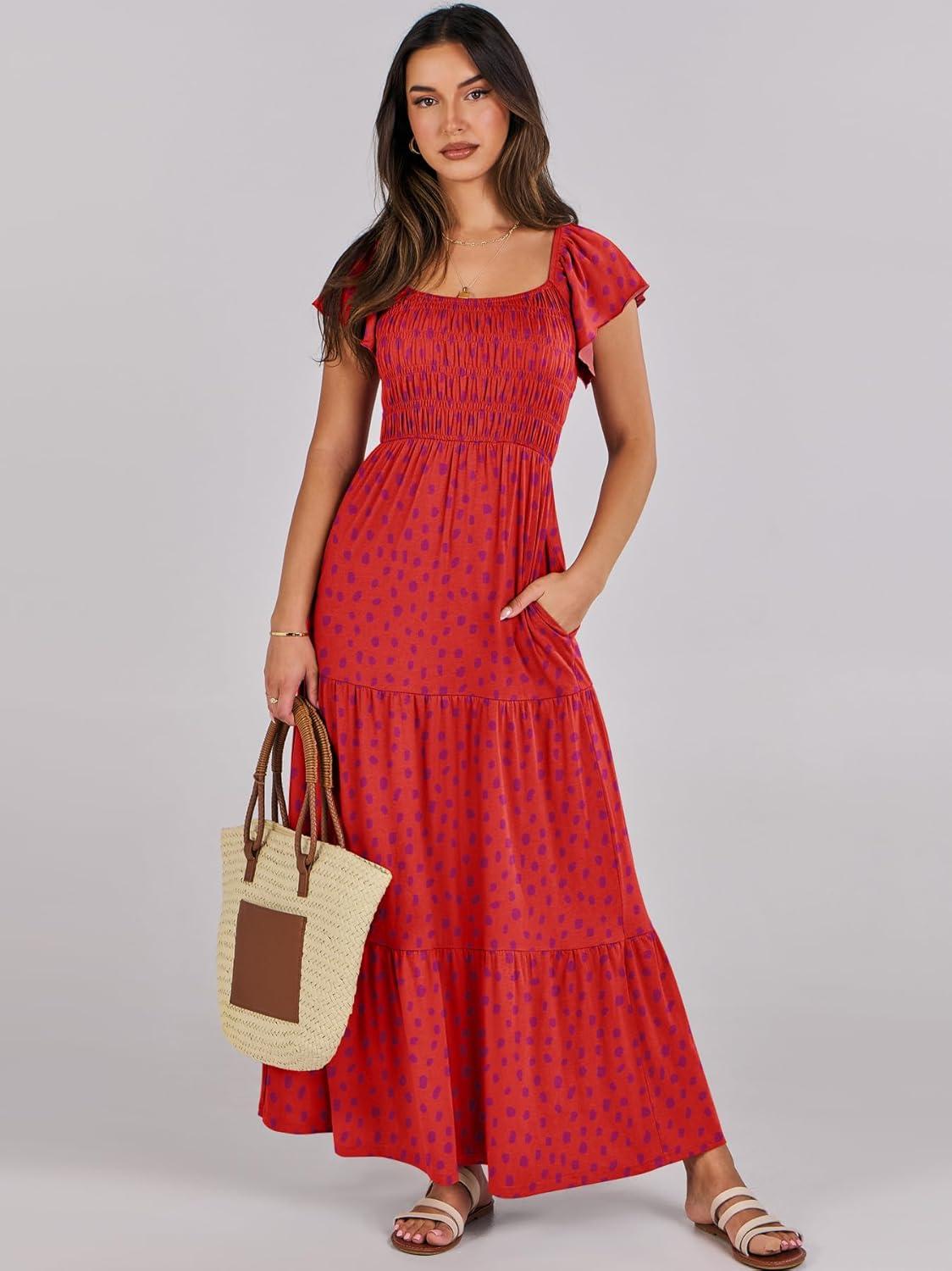 imageANRABESS Womens Casual Summer Maxi Dress Flutter Short Sleeve Scoop Neck Smocked A Line Flowy Beach Vacation Long DressesRed Floral