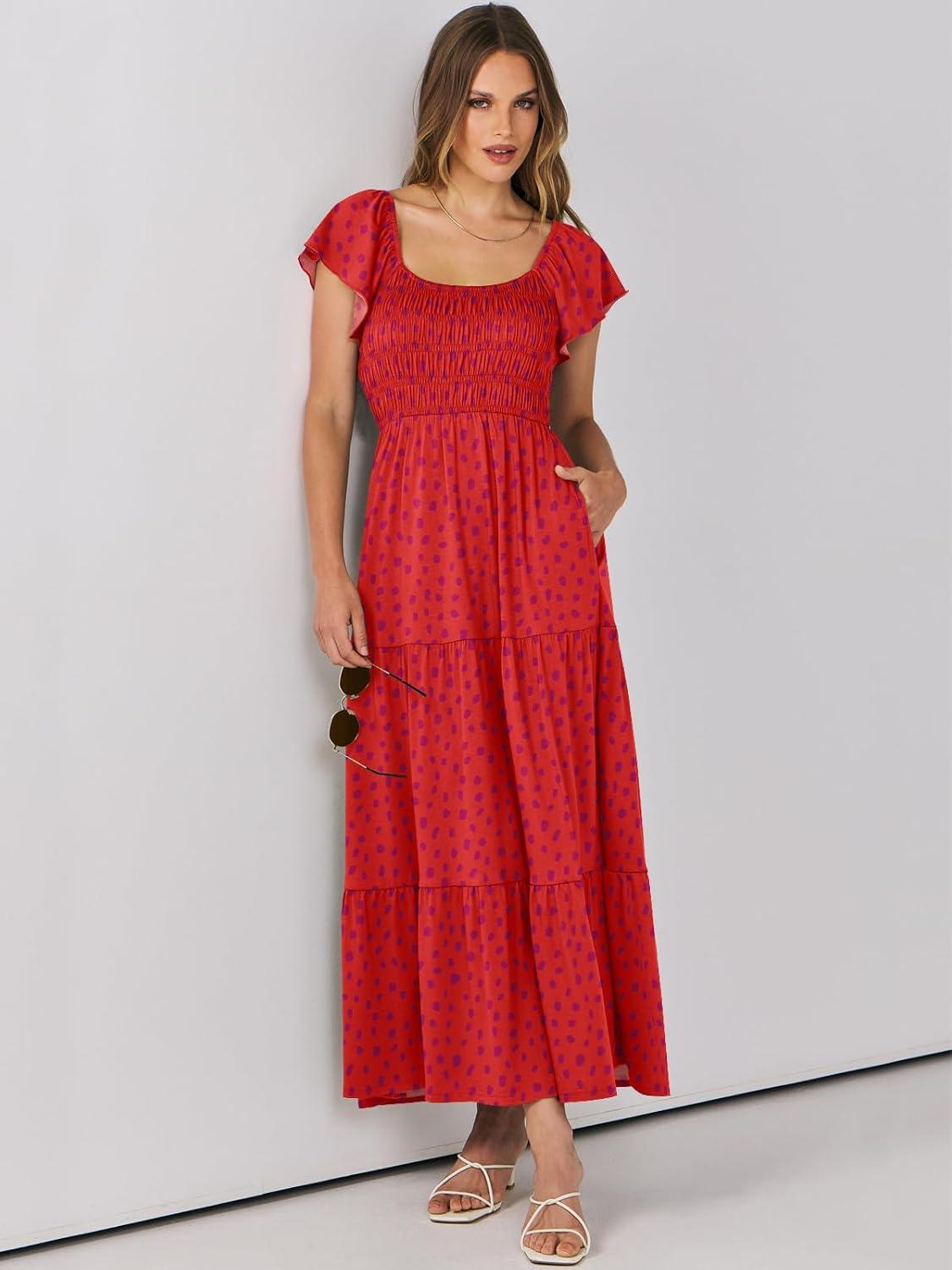 imageANRABESS Womens Casual Summer Maxi Dress Flutter Short Sleeve Scoop Neck Smocked A Line Flowy Beach Vacation Long DressesRed Floral