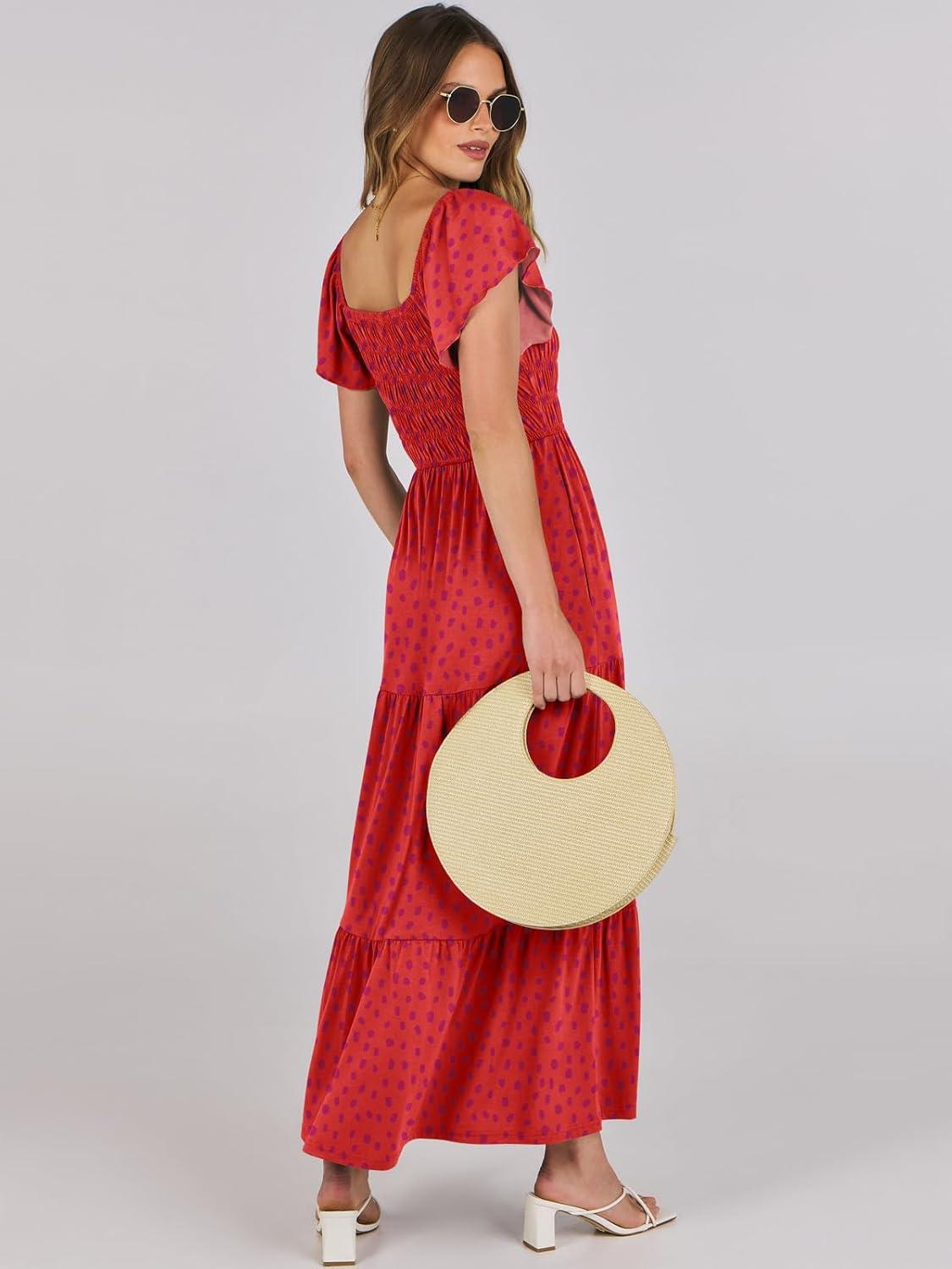 imageANRABESS Womens Casual Summer Maxi Dress Flutter Short Sleeve Scoop Neck Smocked A Line Flowy Beach Vacation Long DressesRed Floral