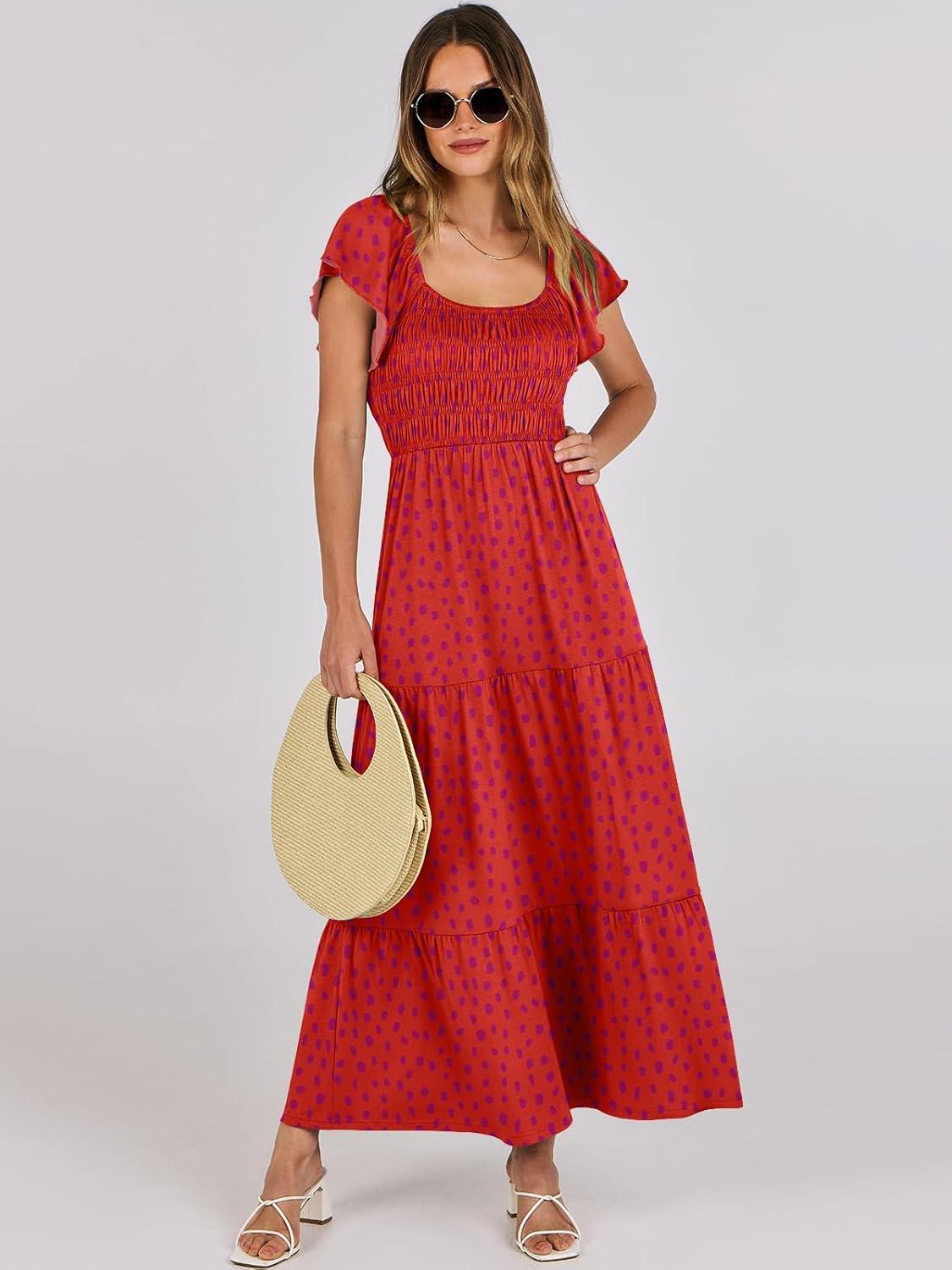 imageANRABESS Womens Casual Summer Maxi Dress Flutter Short Sleeve Scoop Neck Smocked A Line Flowy Beach Vacation Long DressesRed Floral