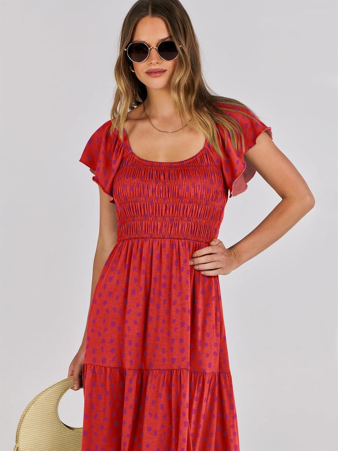 imageANRABESS Womens Casual Summer Maxi Dress Flutter Short Sleeve Scoop Neck Smocked A Line Flowy Beach Vacation Long DressesRed Floral