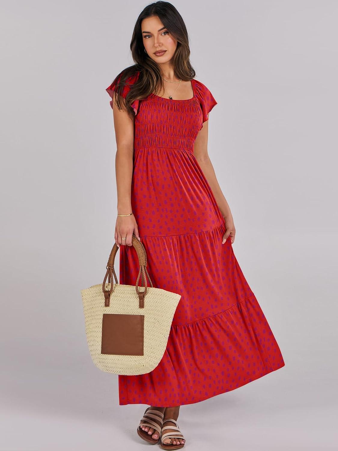 imageANRABESS Womens Casual Summer Maxi Dress Flutter Short Sleeve Scoop Neck Smocked A Line Flowy Beach Vacation Long DressesRed Floral