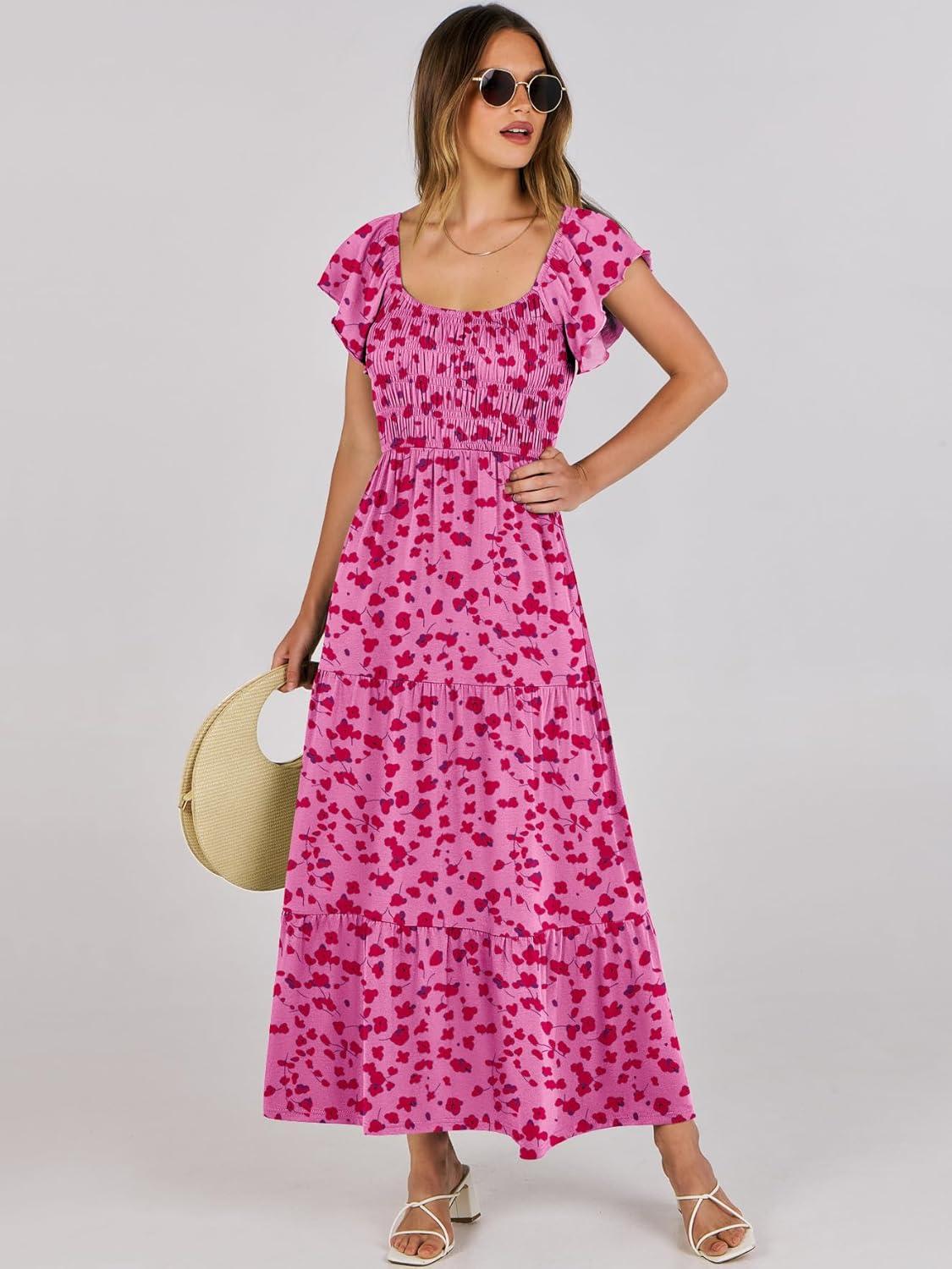 imageANRABESS Womens Casual Summer Maxi Dress Flutter Short Sleeve Scoop Neck Smocked A Line Flowy Beach Vacation Long DressesRose Red Floral