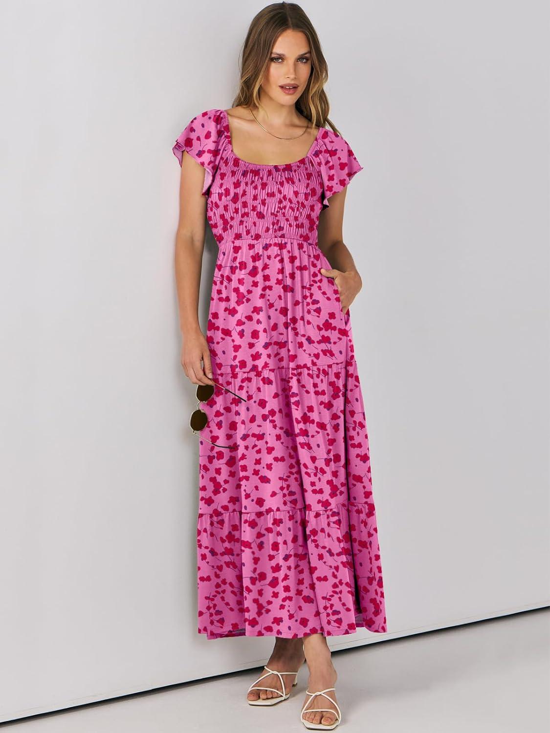 imageANRABESS Womens Casual Summer Maxi Dress Flutter Short Sleeve Scoop Neck Smocked A Line Flowy Beach Vacation Long DressesRose Red Floral