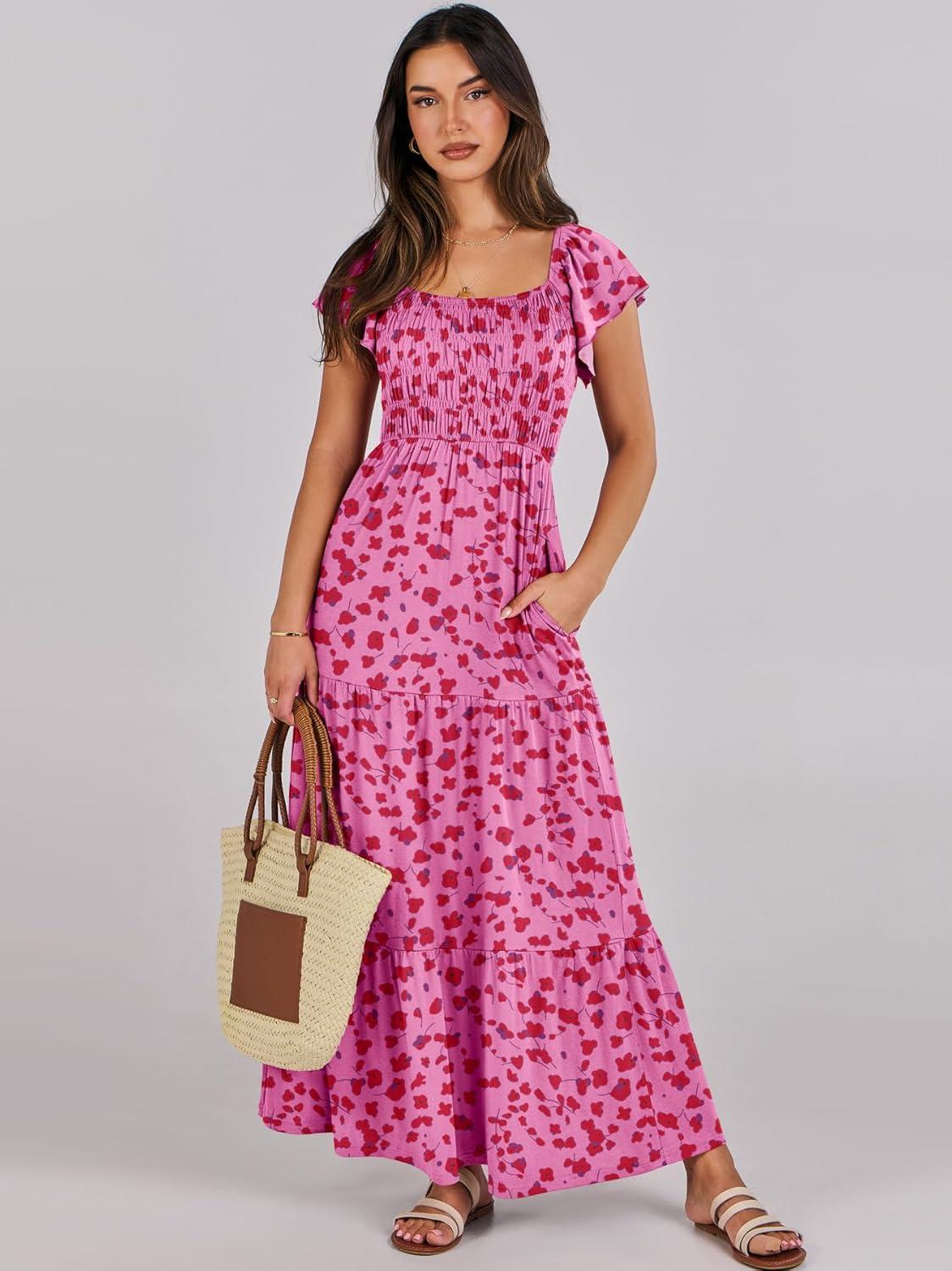 imageANRABESS Womens Casual Summer Maxi Dress Flutter Short Sleeve Scoop Neck Smocked A Line Flowy Beach Vacation Long DressesRose Red Floral