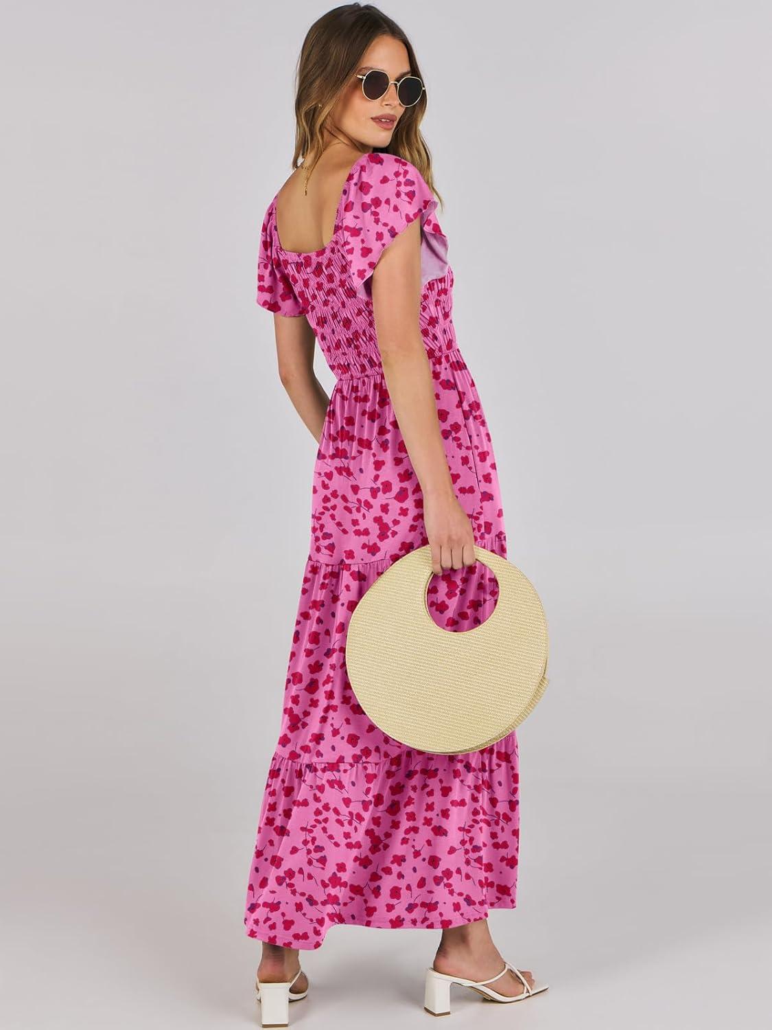 imageANRABESS Womens Casual Summer Maxi Dress Flutter Short Sleeve Scoop Neck Smocked A Line Flowy Beach Vacation Long DressesRose Red Floral